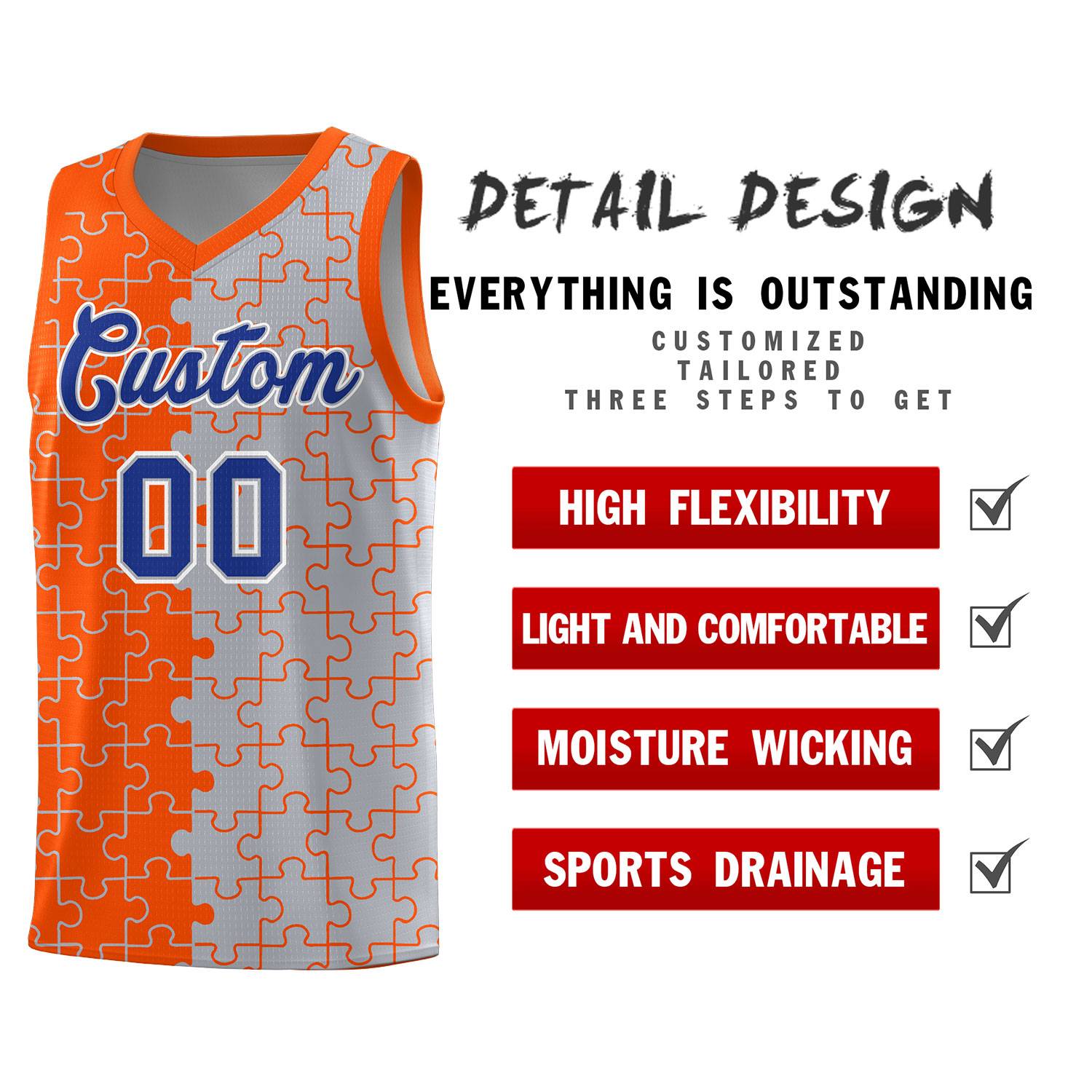 Custom Youth Basketball Jersey Orange Gray Puzzle Pattern Personalized Team Uniform