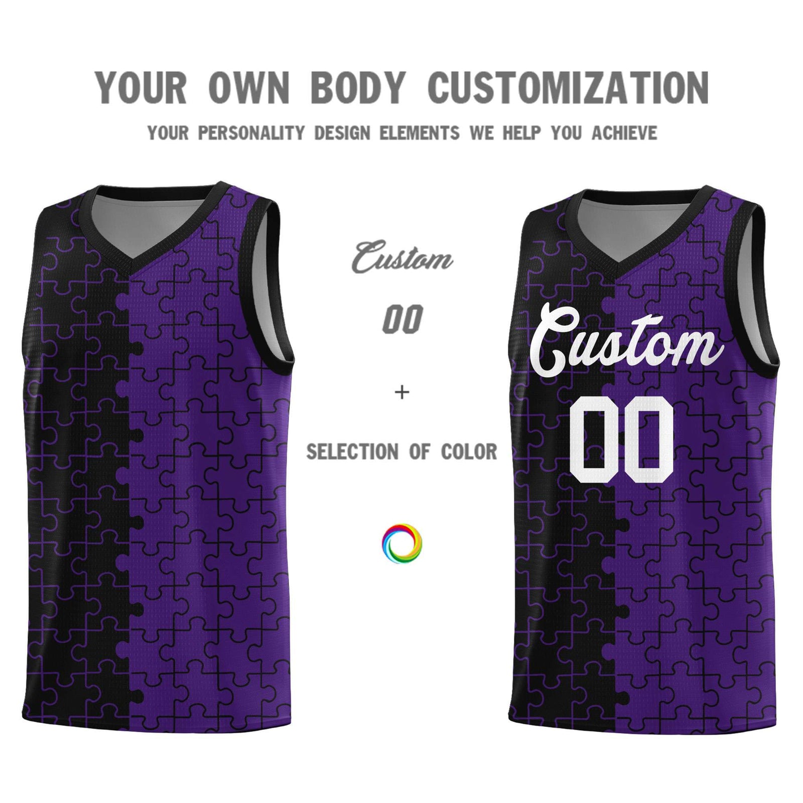 Custom Youth Basketball Jersey Black Purple Puzzle Pattern Moisture-Wicking Team Uniform