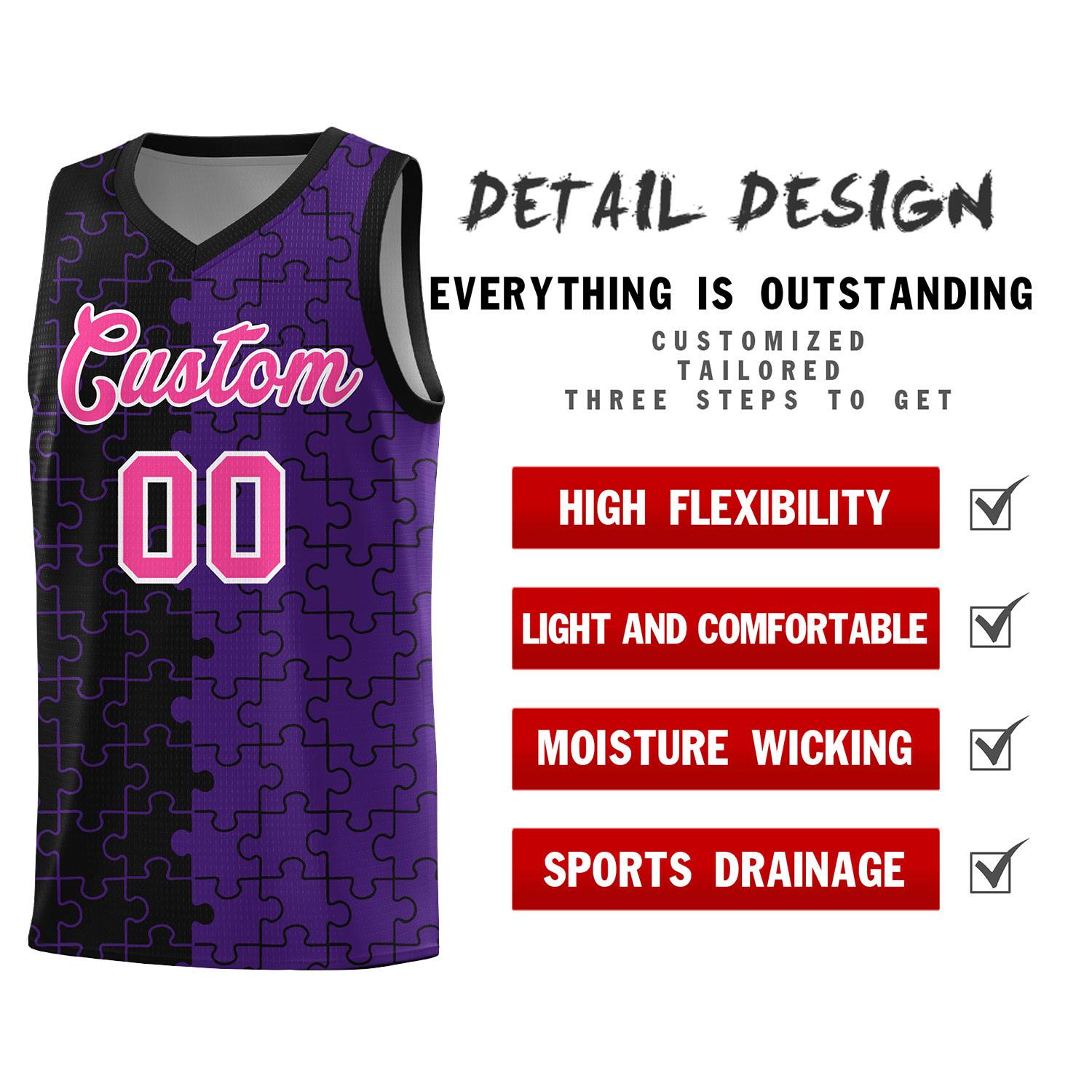 Custom Youth Basketball Jersey Black Purple Puzzle Pattern Personalized Team Uniform