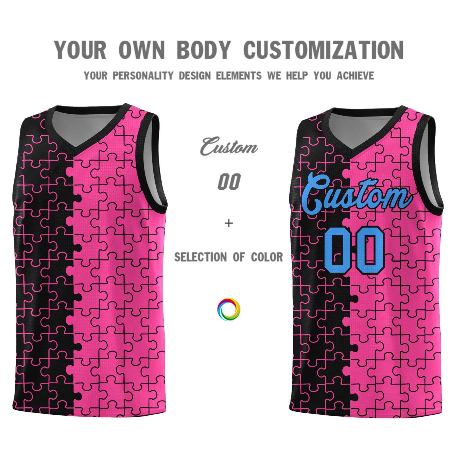 Custom Youth Basketball Jersey Black Pink Puzzle Pattern Add Name, Number & Team Logo
