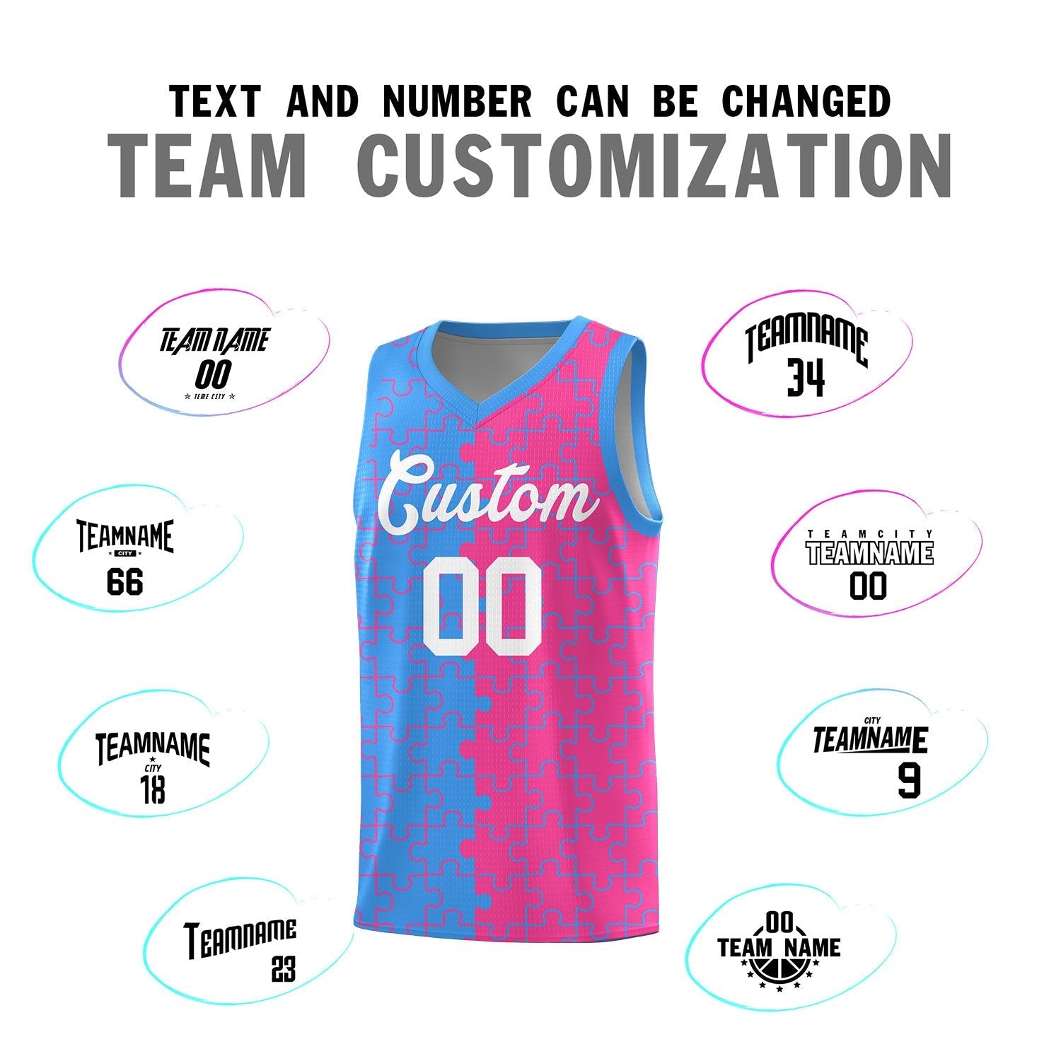 Custom Youth Basketball Jersey Light Blue Pink Puzzle Pattern Moisture-Wicking Team Uniform