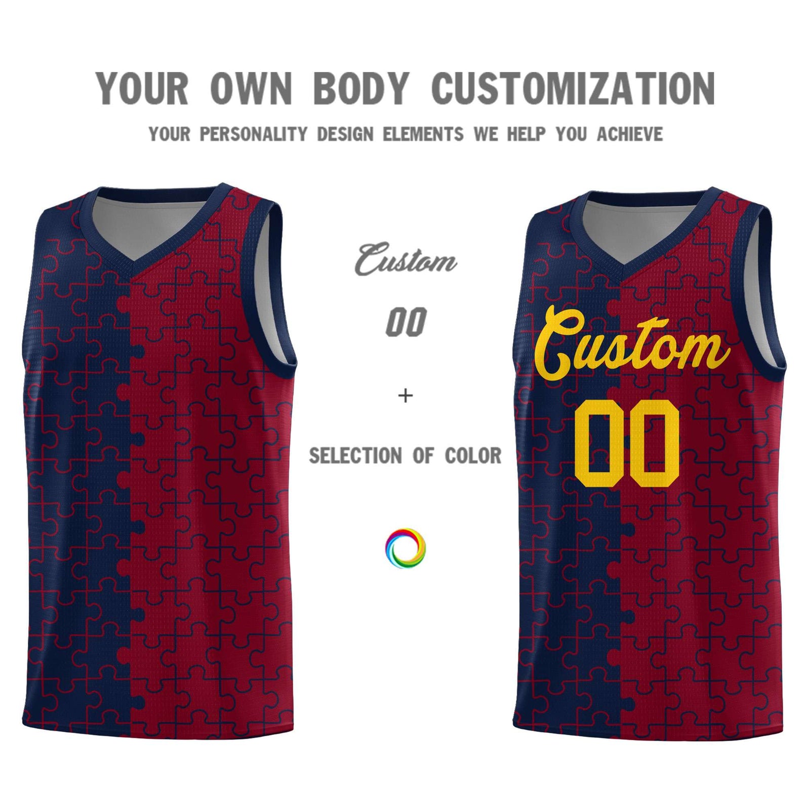 Custom Youth Basketball Jersey Navy Crimson Puzzle Pattern Personalized Team Uniform