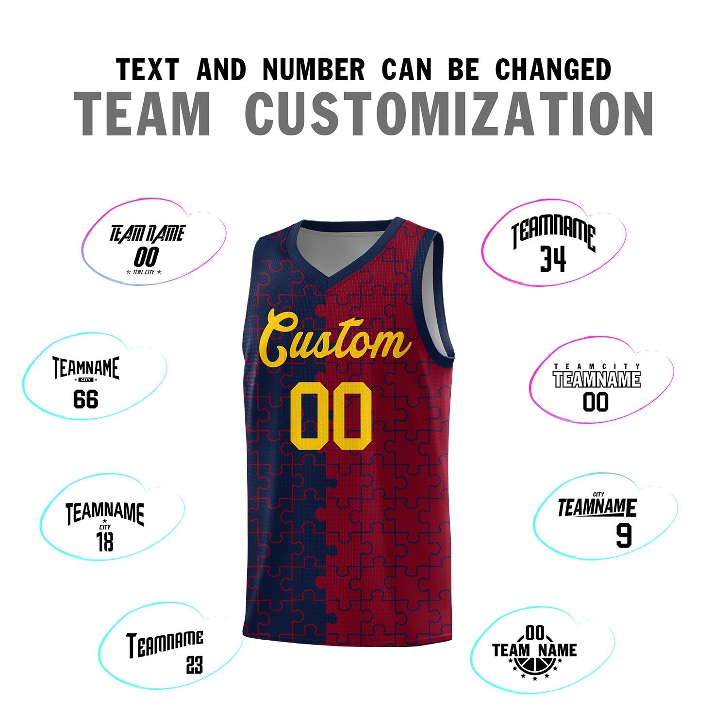 Custom Youth Basketball Jersey Navy Crimson Puzzle Pattern Personalized Team Uniform
