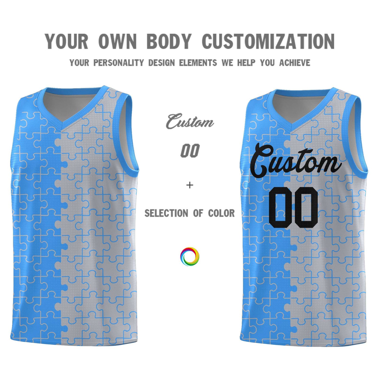 Custom Youth Basketball Jersey Light Blue Gray Puzzle Pattern Add Name, Number & Team Logo