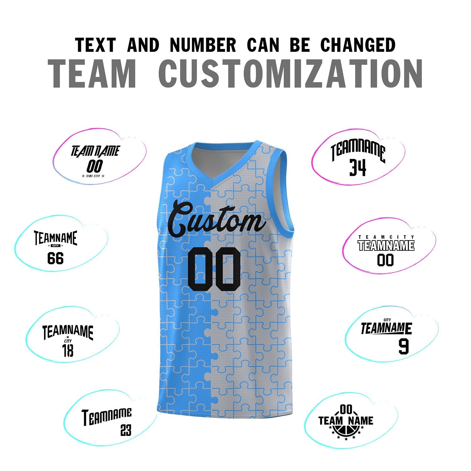 Custom Youth Basketball Jersey Light Blue Gray Puzzle Pattern Add Name, Number & Team Logo