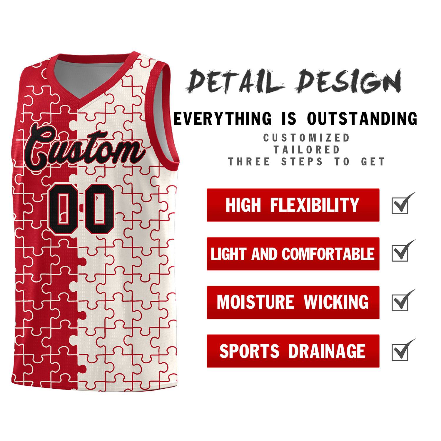 Custom Youth Basketball Jersey Red Cream Puzzle Pattern Moisture-Wicking Team Uniform