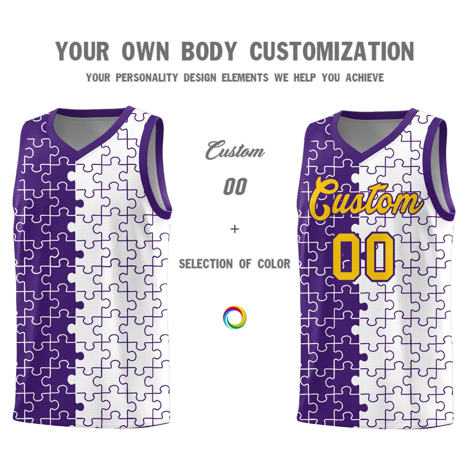 Custom Youth Basketball Jersey Purple White Puzzle Pattern Add Name, Number & Team Logo