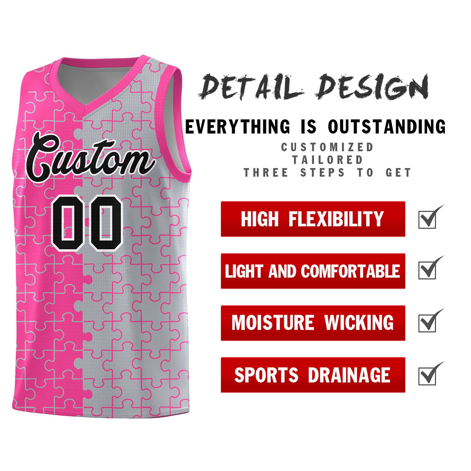 Custom Youth Basketball Jersey Pink Gray Puzzle Pattern Personalized Team Uniform