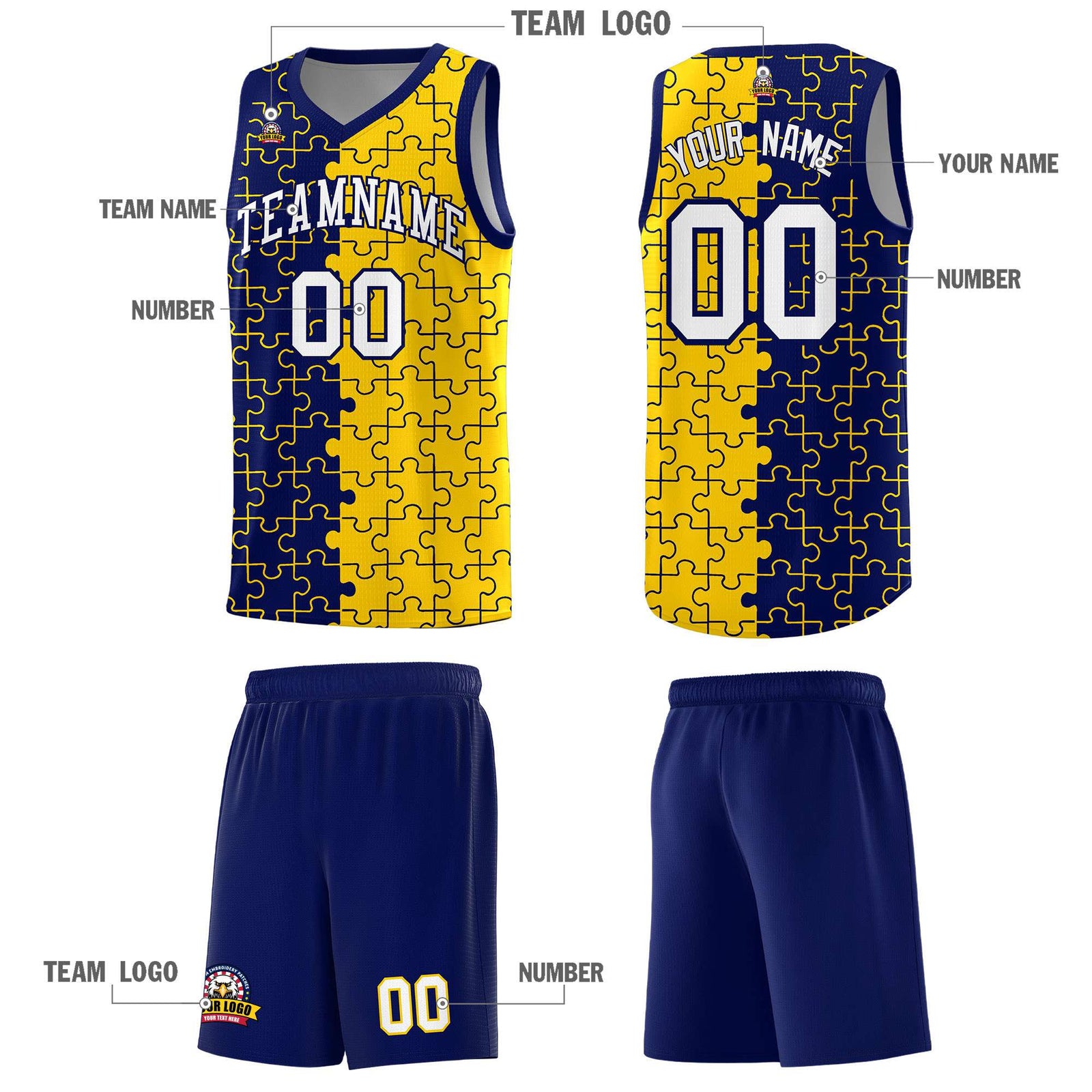 Custom Youth Basketball Jersey Navy Gold Puzzle Pattern Personalized Team Uniform