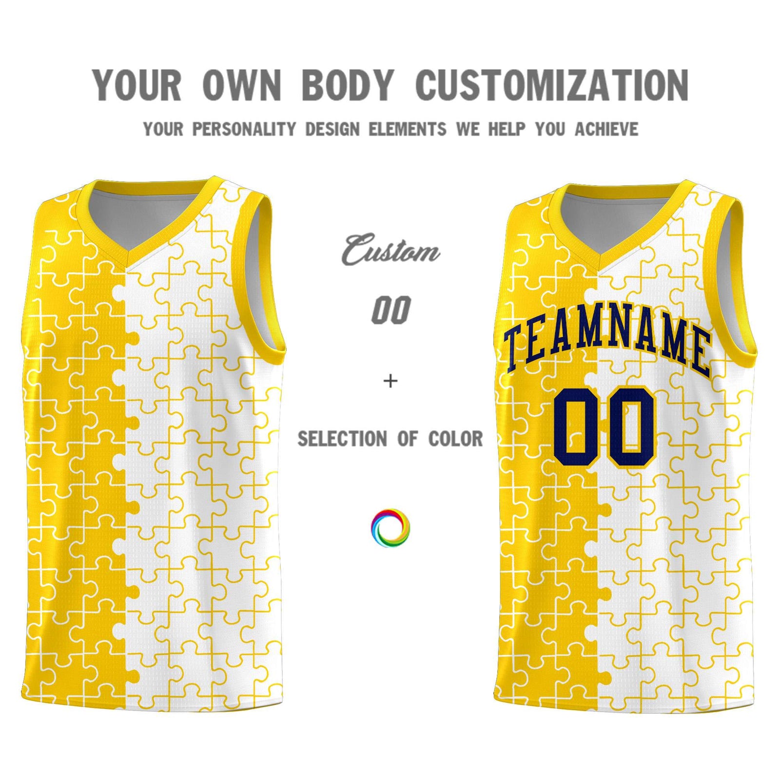 Custom Youth Basketball Jersey Gold White Puzzle Pattern Add Name, Number & Team Logo