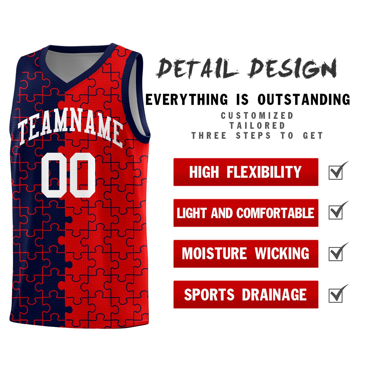 Custom Youth Basketball Jersey Navy Red Puzzle Pattern Personalized Team Uniform
