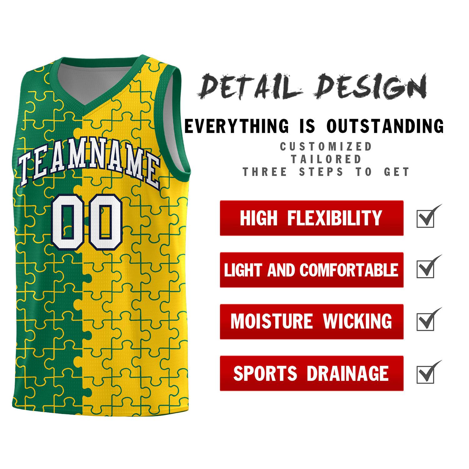 Custom Youth Basketball Jersey Kelly Green Gold Puzzle Pattern Personalized Team Uniform