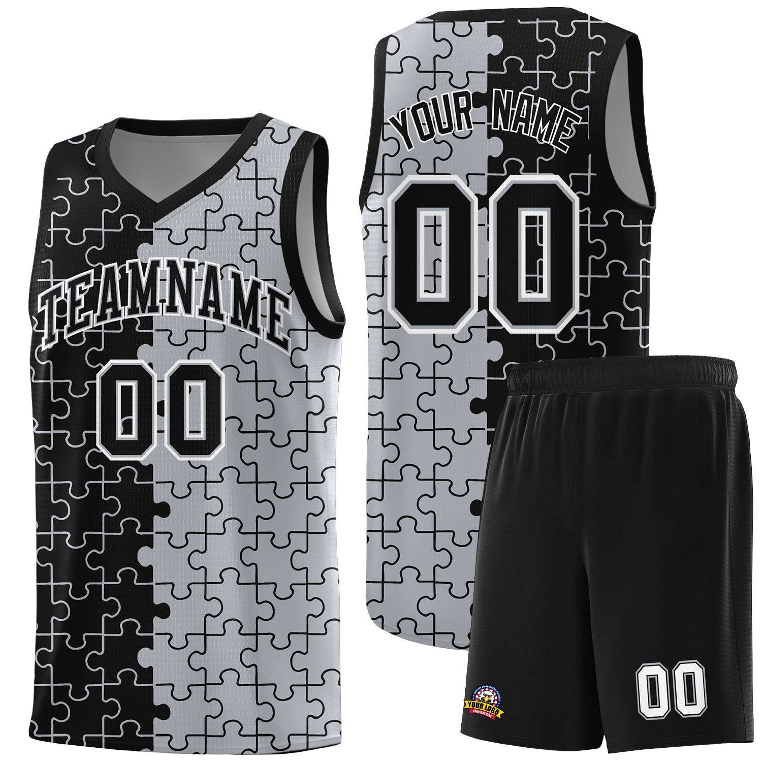 Custom Youth Basketball Jersey Black Gray Puzzle Pattern Moisture-Wicking Team Uniform