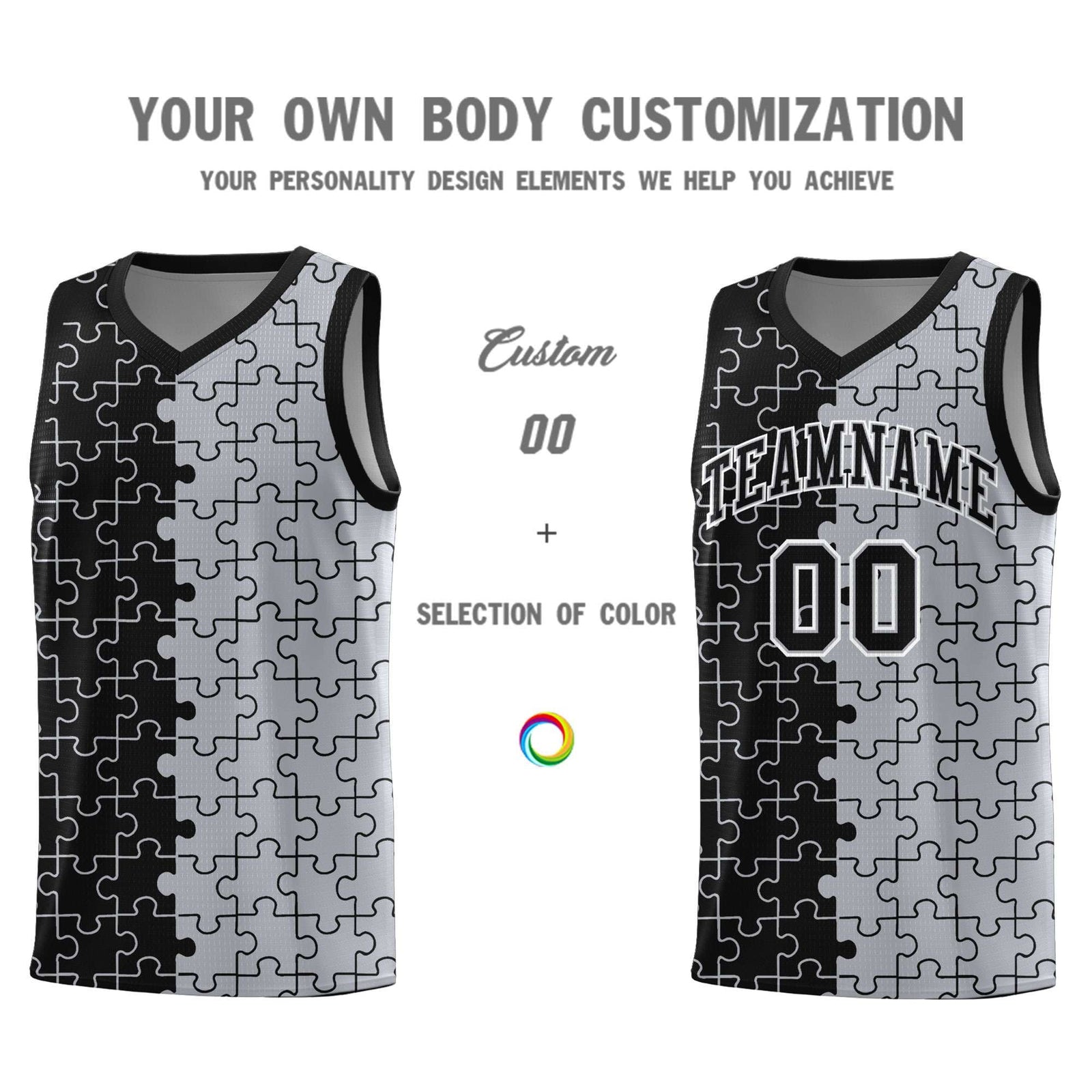 Custom Youth Basketball Jersey Black Gray Puzzle Pattern Moisture-Wicking Team Uniform