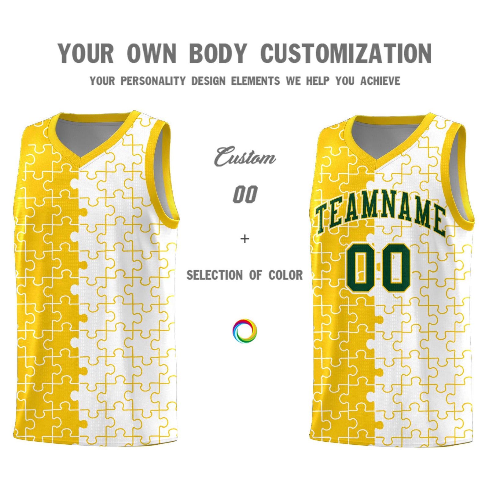 Custom Youth Basketball Jersey Gold White Puzzle Pattern Add Name, Number & Team Logo