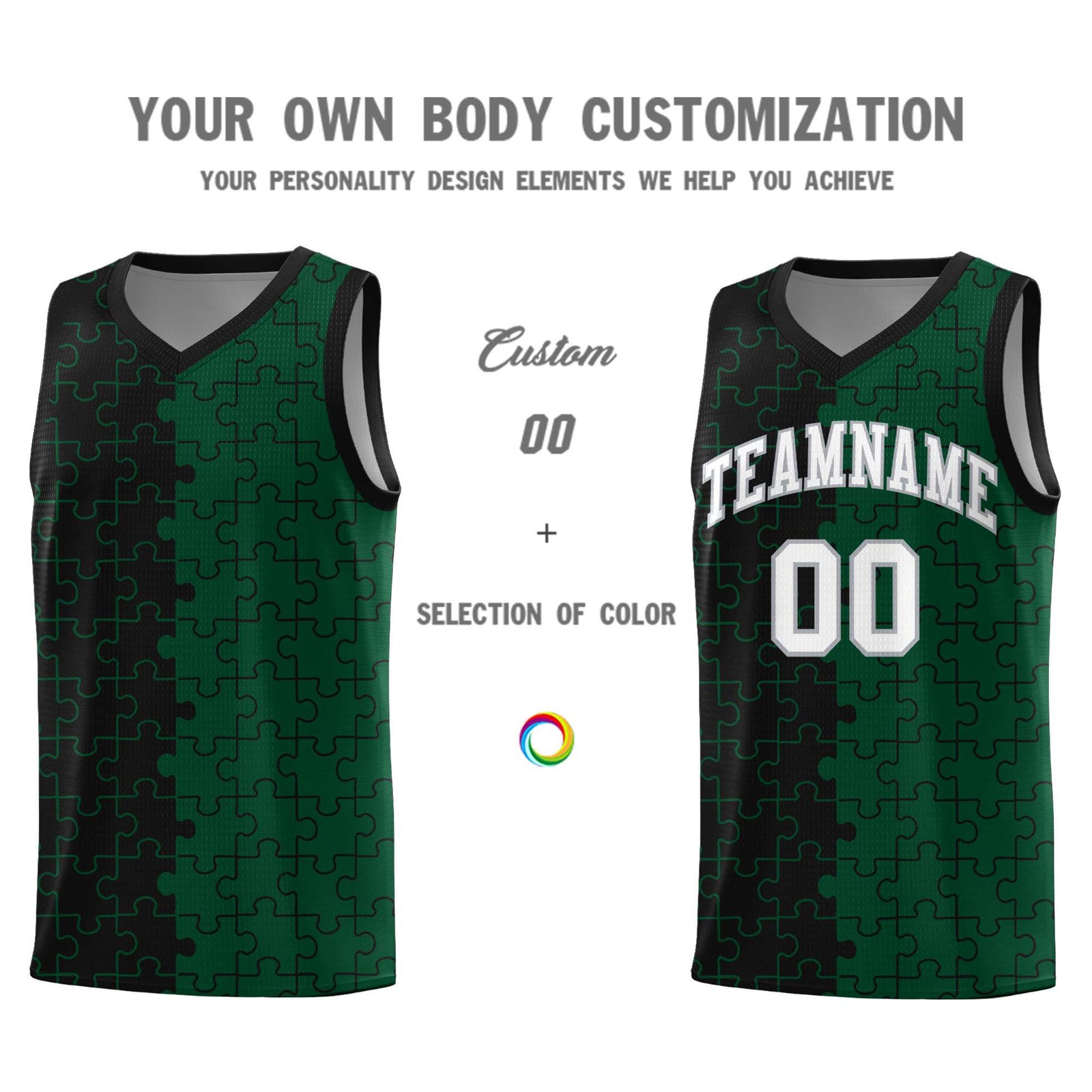 Custom Youth Basketball Jersey Black Green Puzzle Pattern Breathable Team Uniform