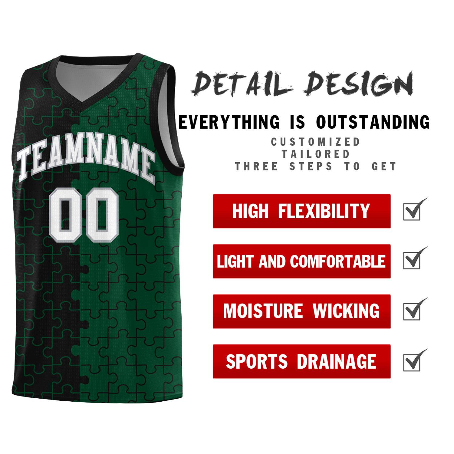 Custom Youth Basketball Jersey Black Green Puzzle Pattern Breathable Team Uniform
