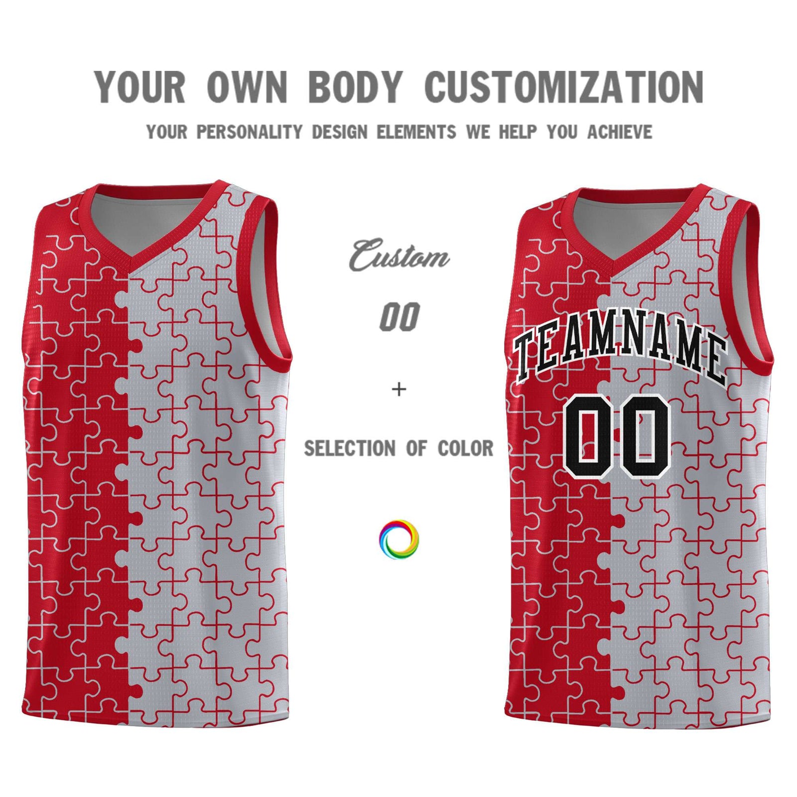 Custom Youth Basketball Jersey Red Gray Puzzle Pattern Add Name, Number & Team Logo