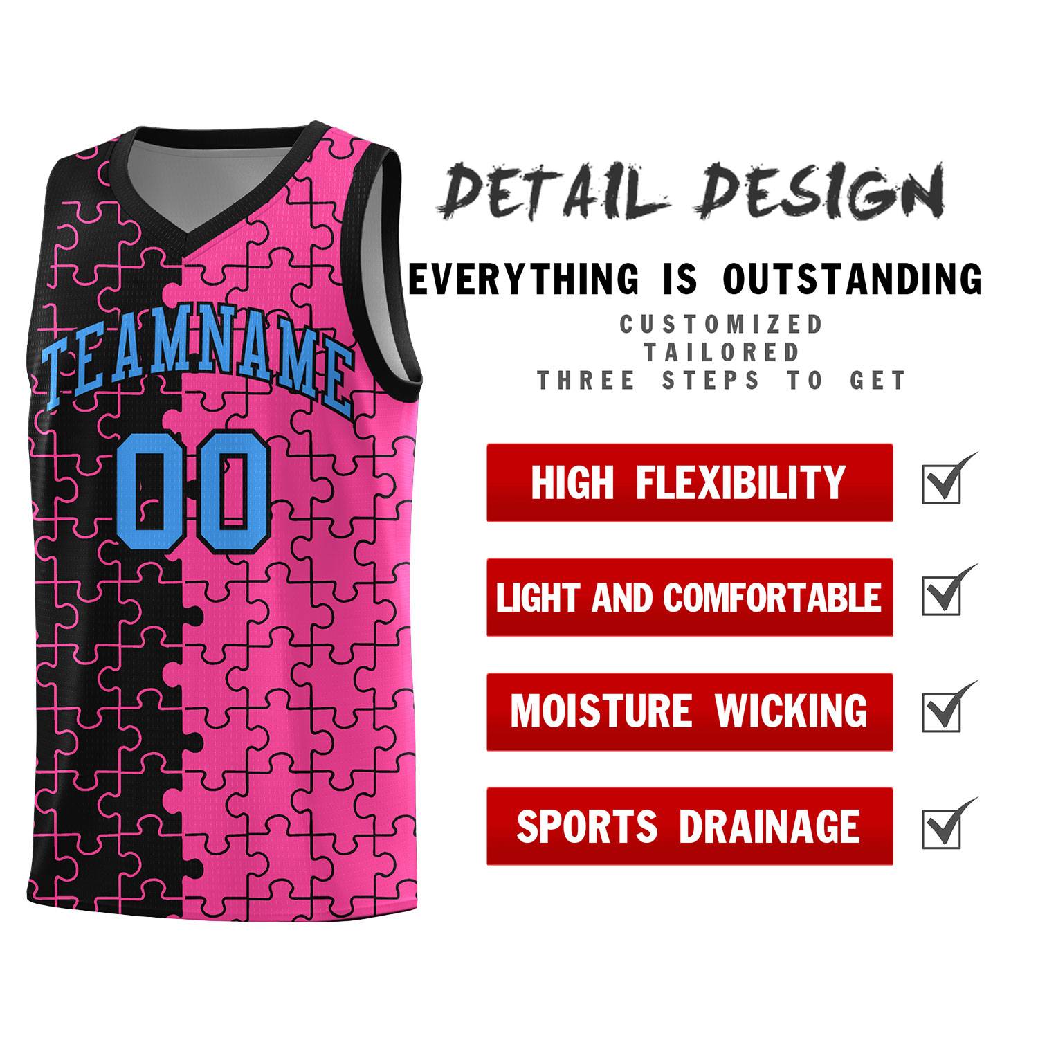 Custom Youth Basketball Jersey Black Pink Puzzle Pattern Add Name, Number & Team Logo