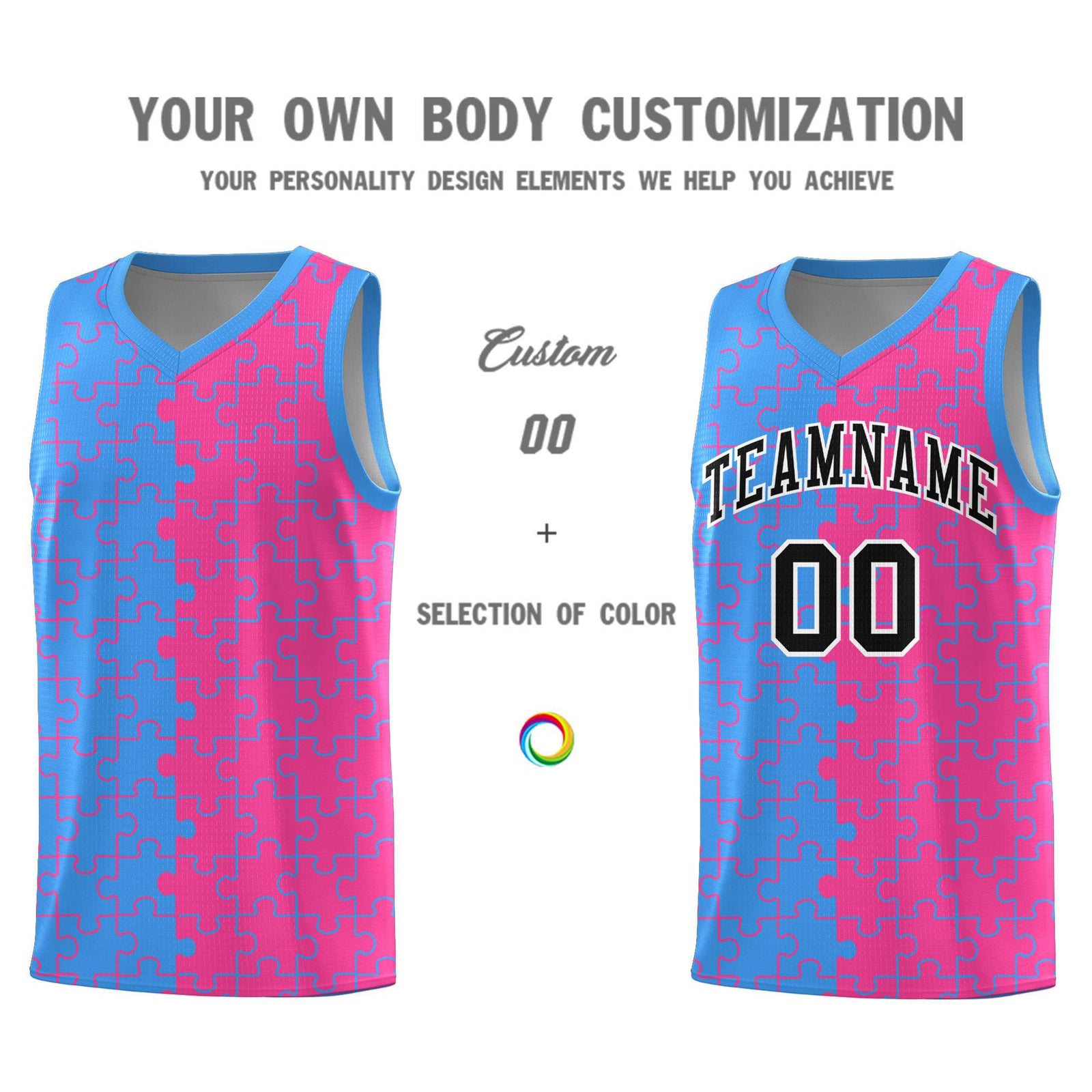 Custom Youth Basketball Jersey Light Blue Pink Puzzle Pattern Breathable Team Uniform