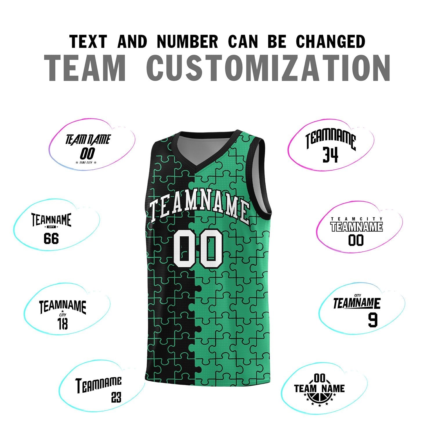 Custom Youth Basketball Jersey Black Green Puzzle Pattern Personalized Team Uniform