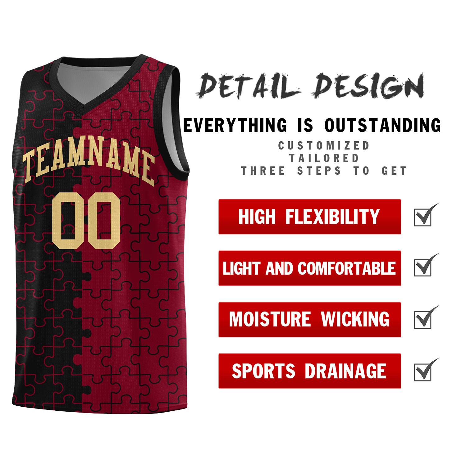 Custom Youth Basketball Jersey Black Crimson Puzzle Pattern Breathable Team Uniform