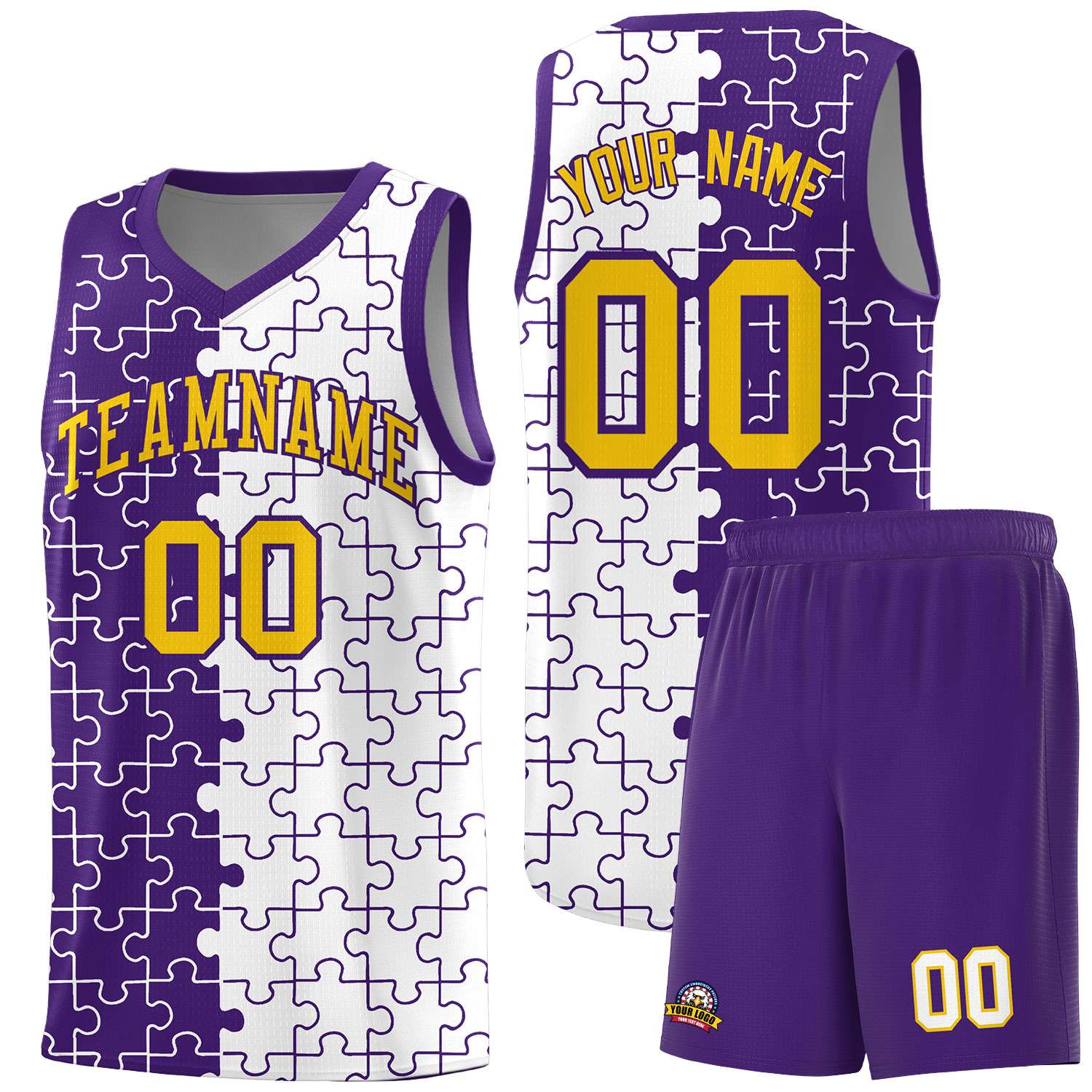 Custom Youth Basketball Jersey Purple White Puzzle Pattern Add Name, Number & Team Logo
