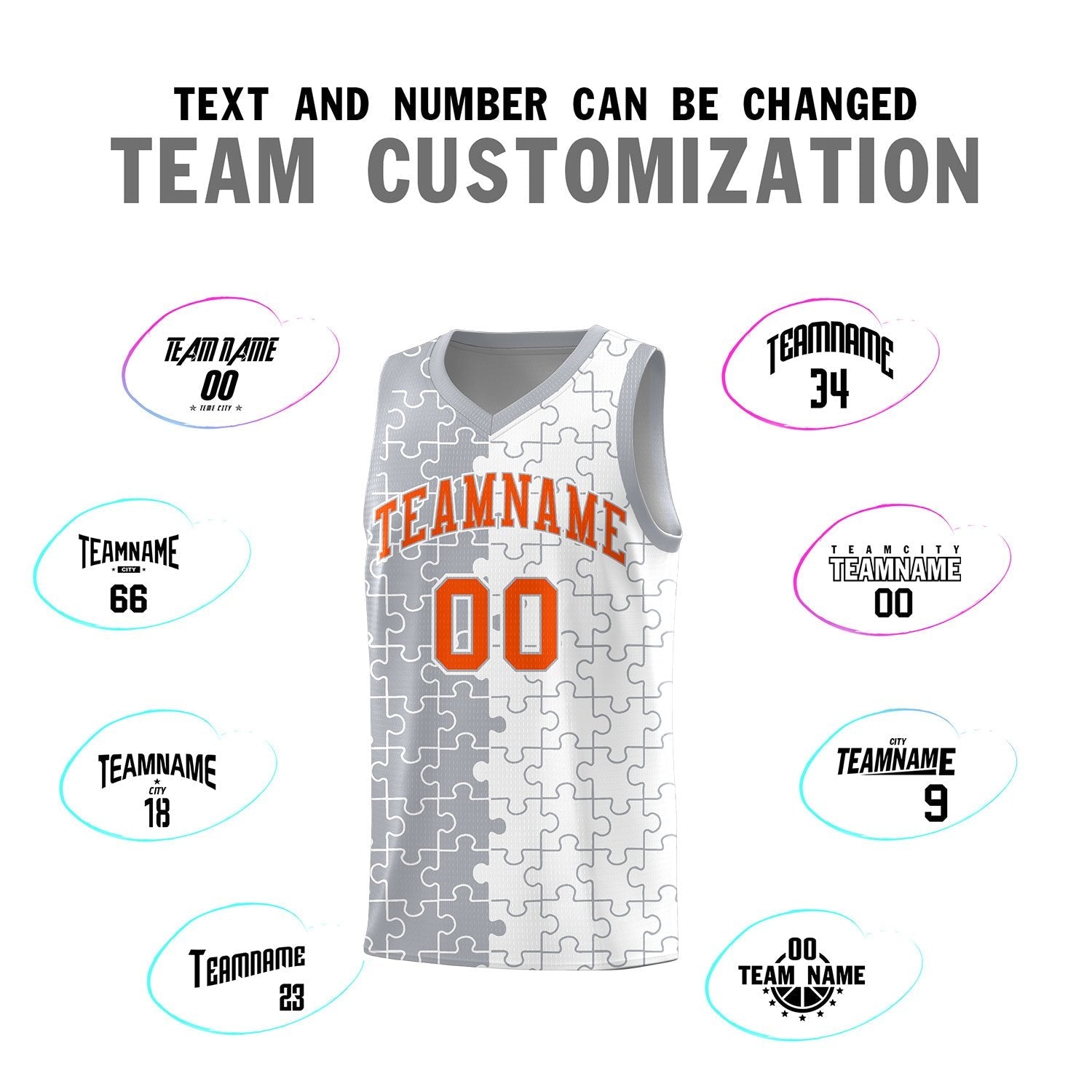 Custom Youth Basketball Jersey Gray White Puzzle Pattern Breathable Team Uniform