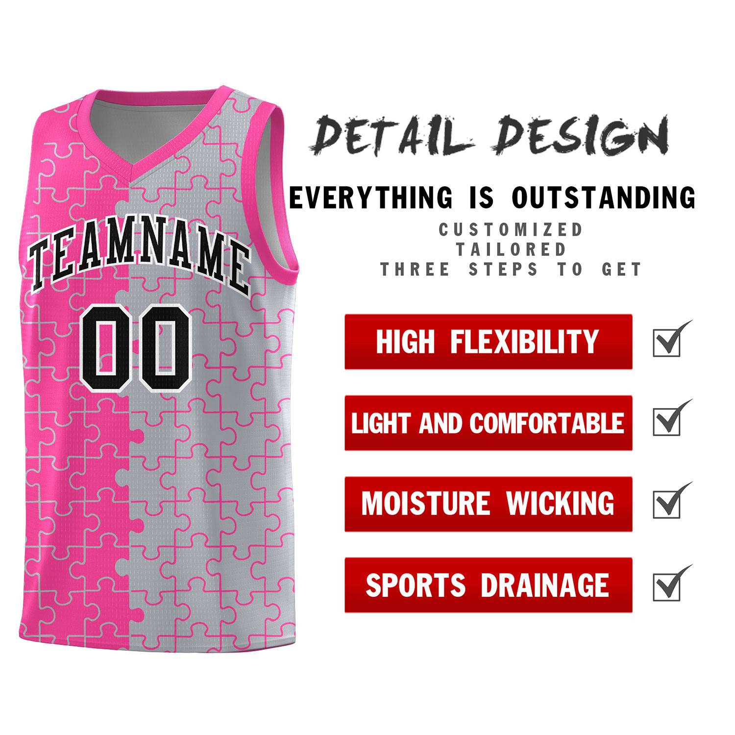 Custom Youth Basketball Jersey Pink Gray Puzzle Pattern Personalized Team Uniform