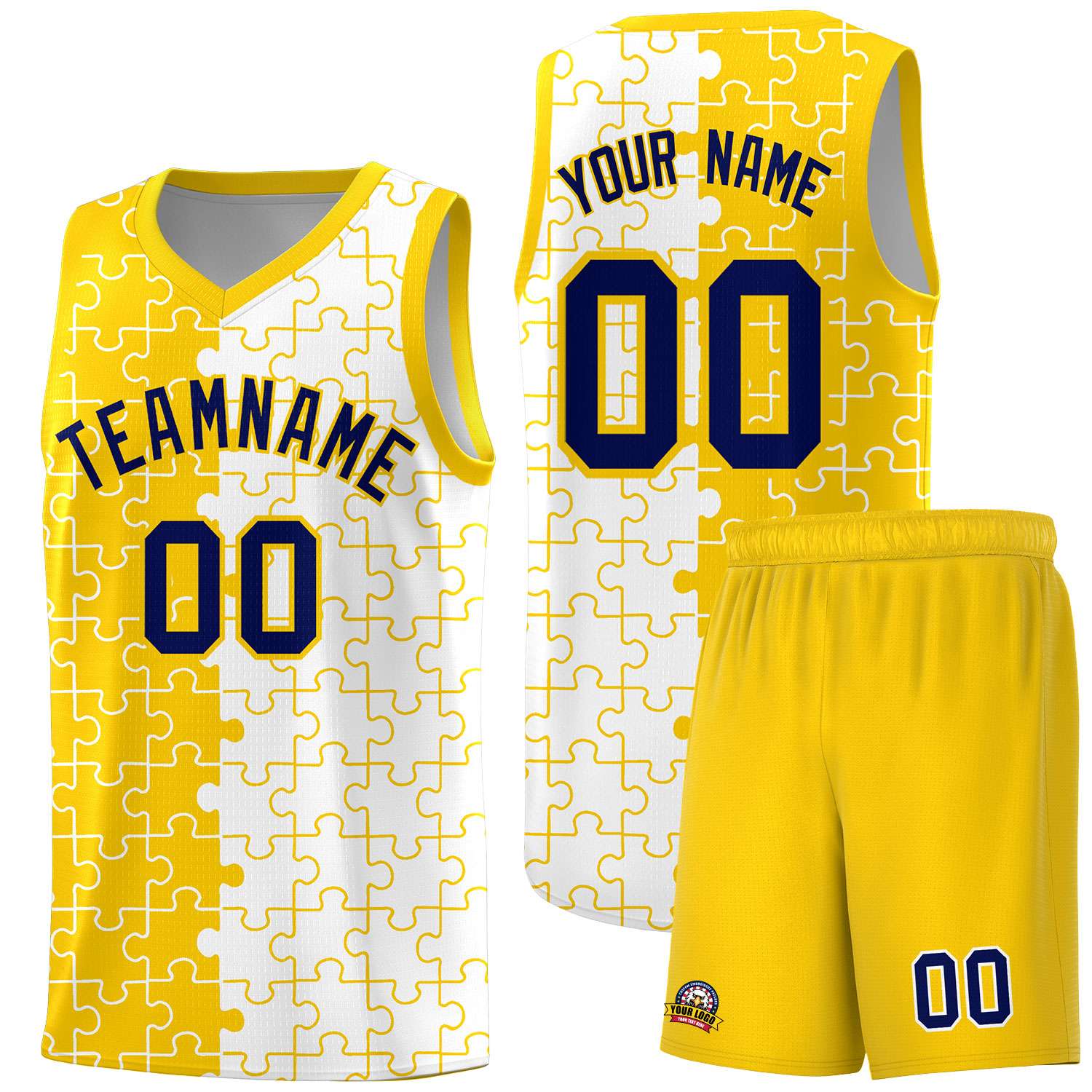 Custom Youth Basketball Jersey Gold White Puzzle Pattern Add Name, Number & Team Logo