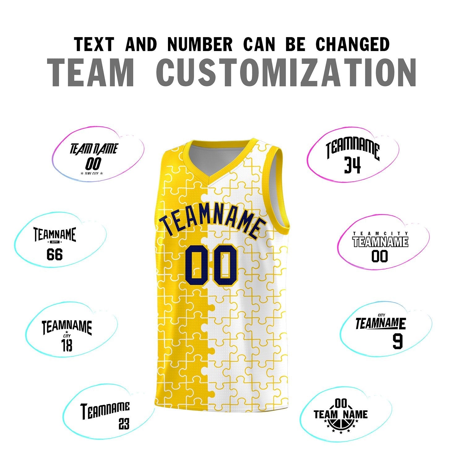 Custom Youth Basketball Jersey Gold White Puzzle Pattern Add Name, Number & Team Logo