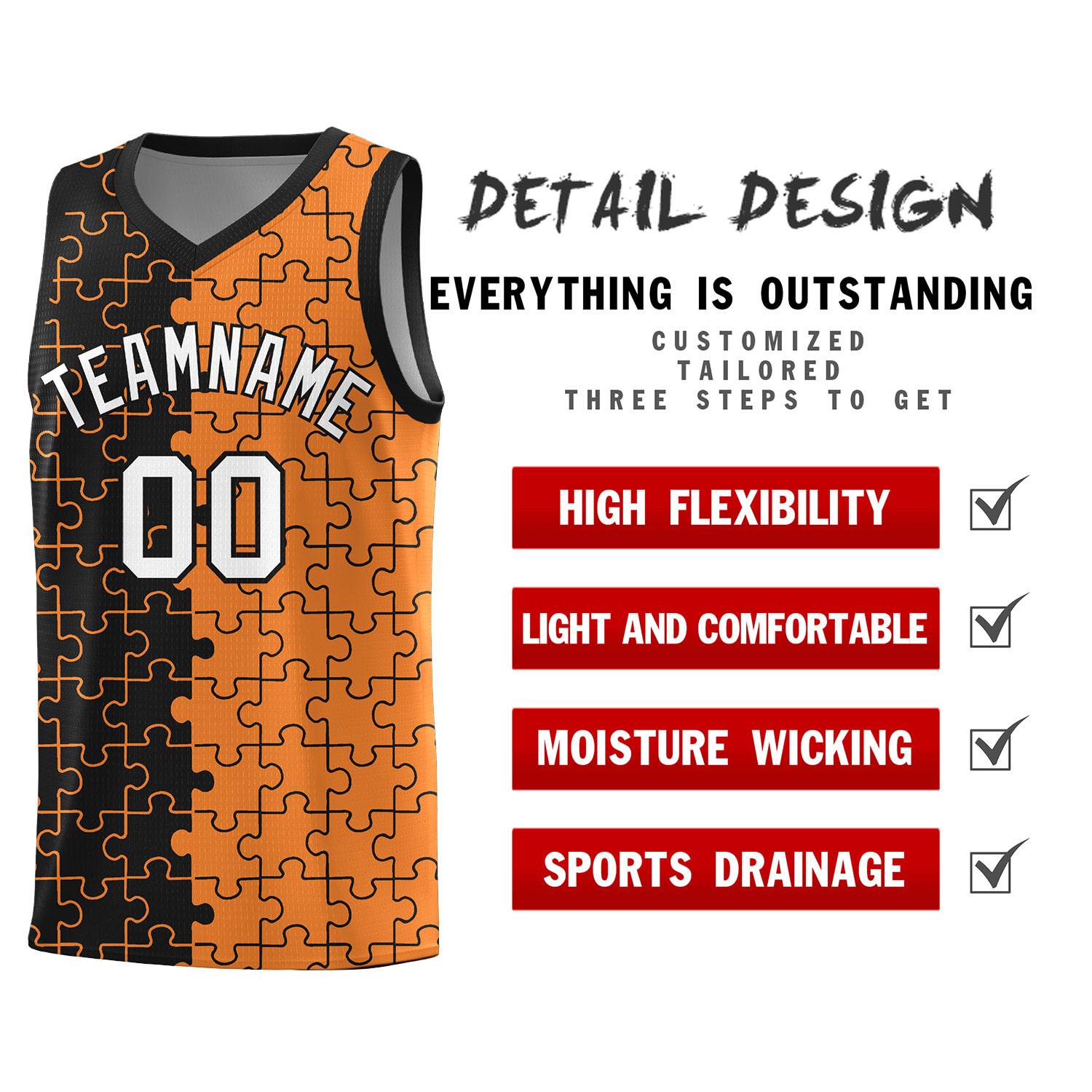 Custom Youth Basketball Jersey Black Gold Orange Puzzle Pattern Add Name, Number & Team Logo
