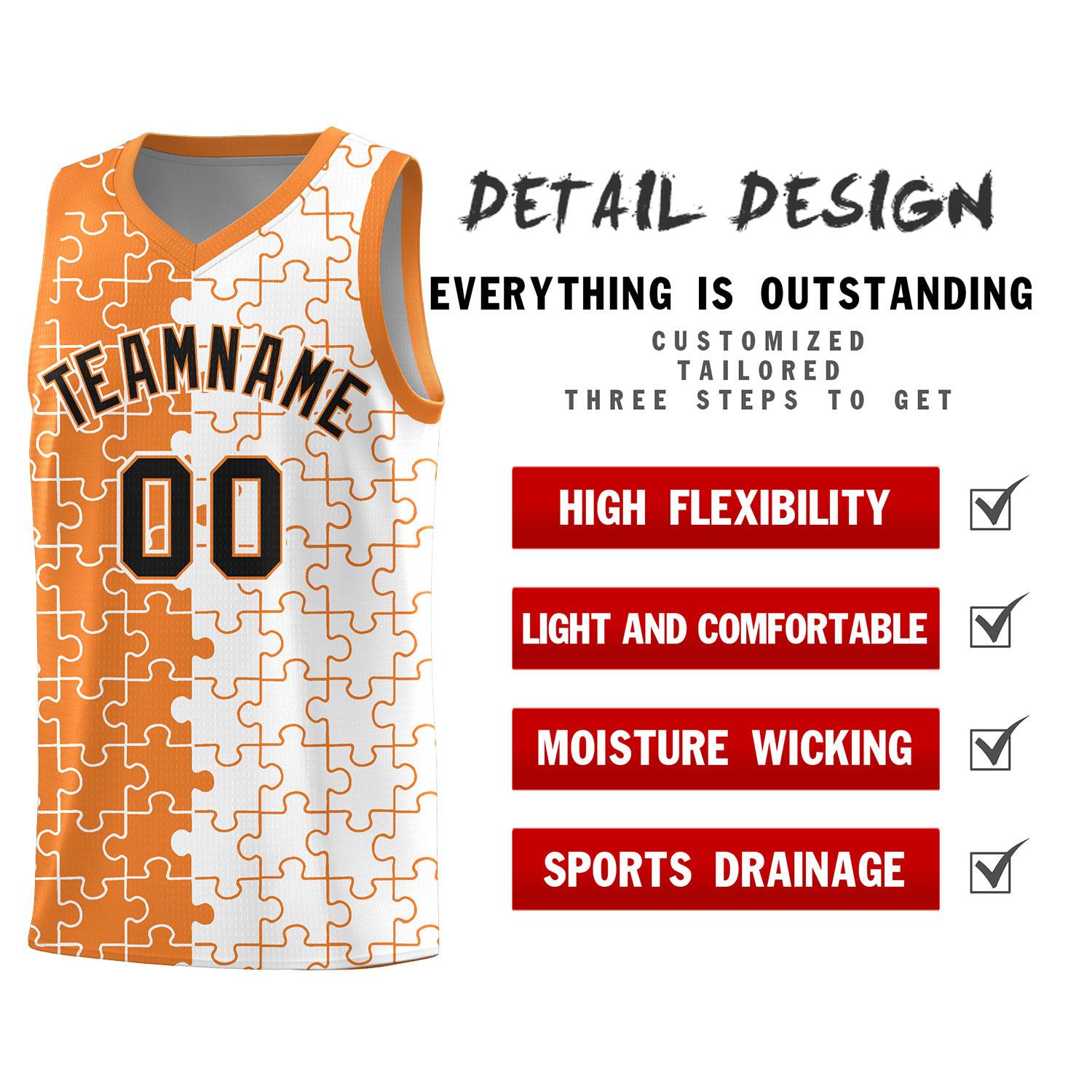 Custom Youth Basketball Jersey Gold Orange White Puzzle Pattern Breathable Team Uniform