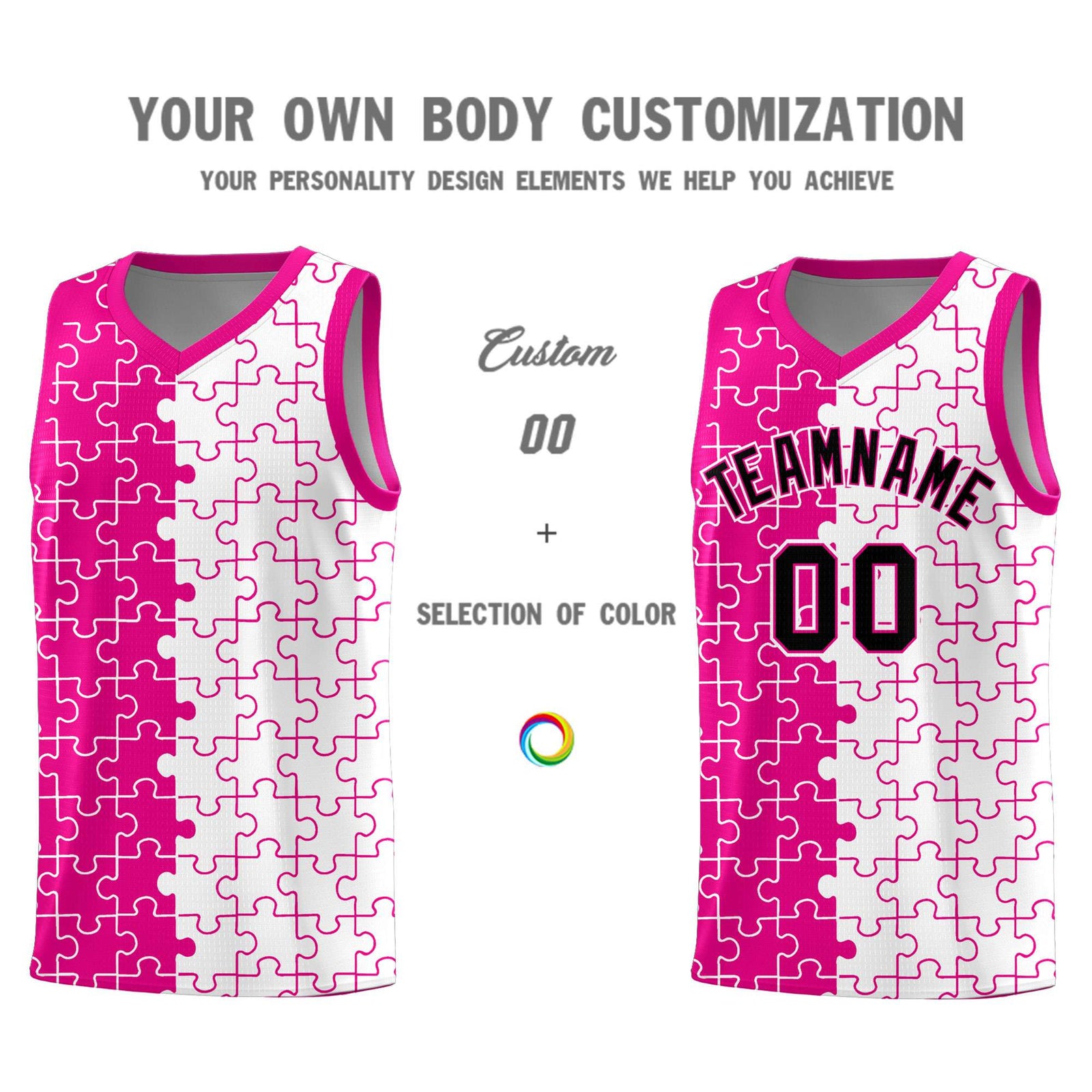 Custom Youth Basketball Jersey Pink White Puzzle Pattern Personalized Team Uniform