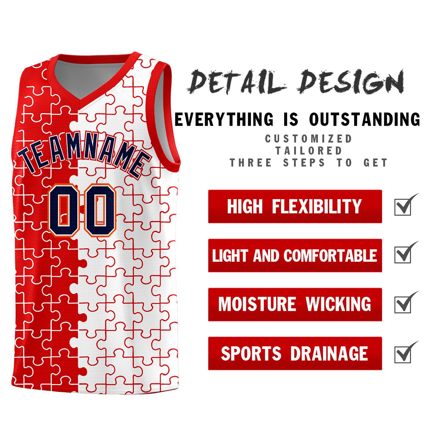 Custom Youth Basketball Jersey Red White Puzzle Pattern Add Name, Number & Team Logo