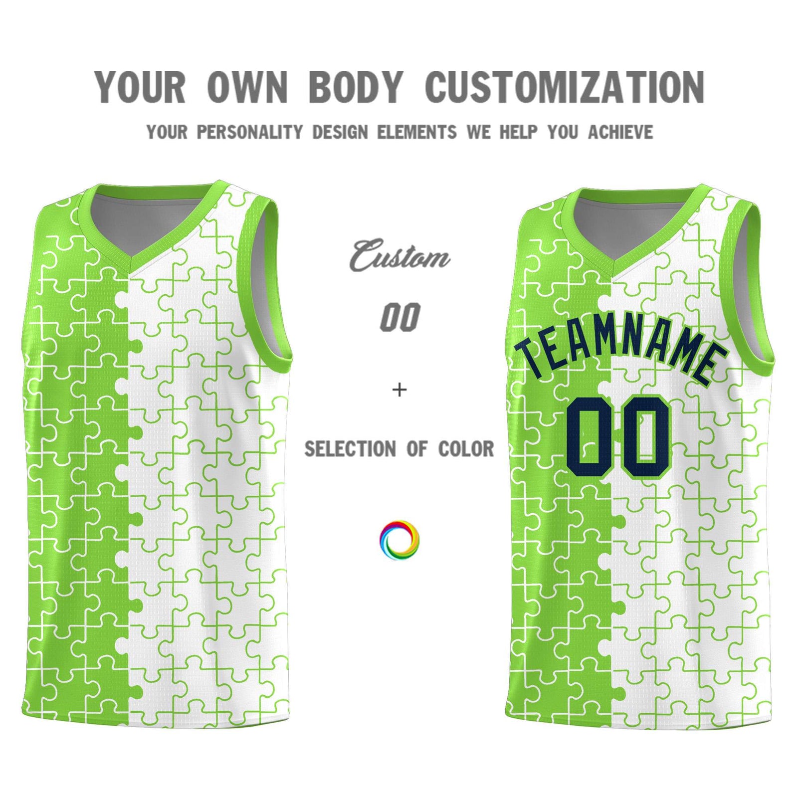 Custom Youth Basketball Jersey Fluorescent Green White Puzzle Pattern Personalized Team Uniform