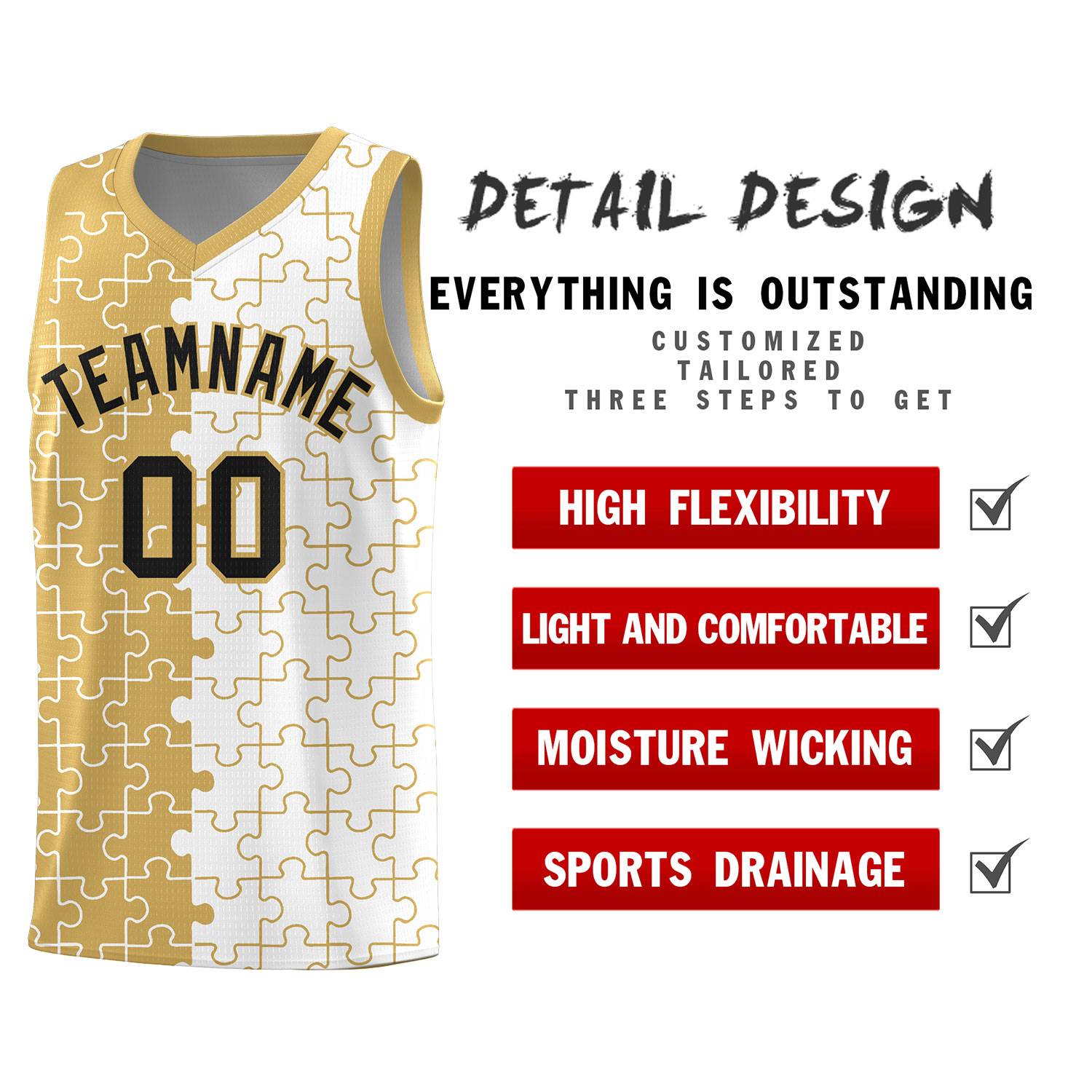 Custom Youth Basketball Jersey Old Gold White Puzzle Pattern Personalized Team Uniform