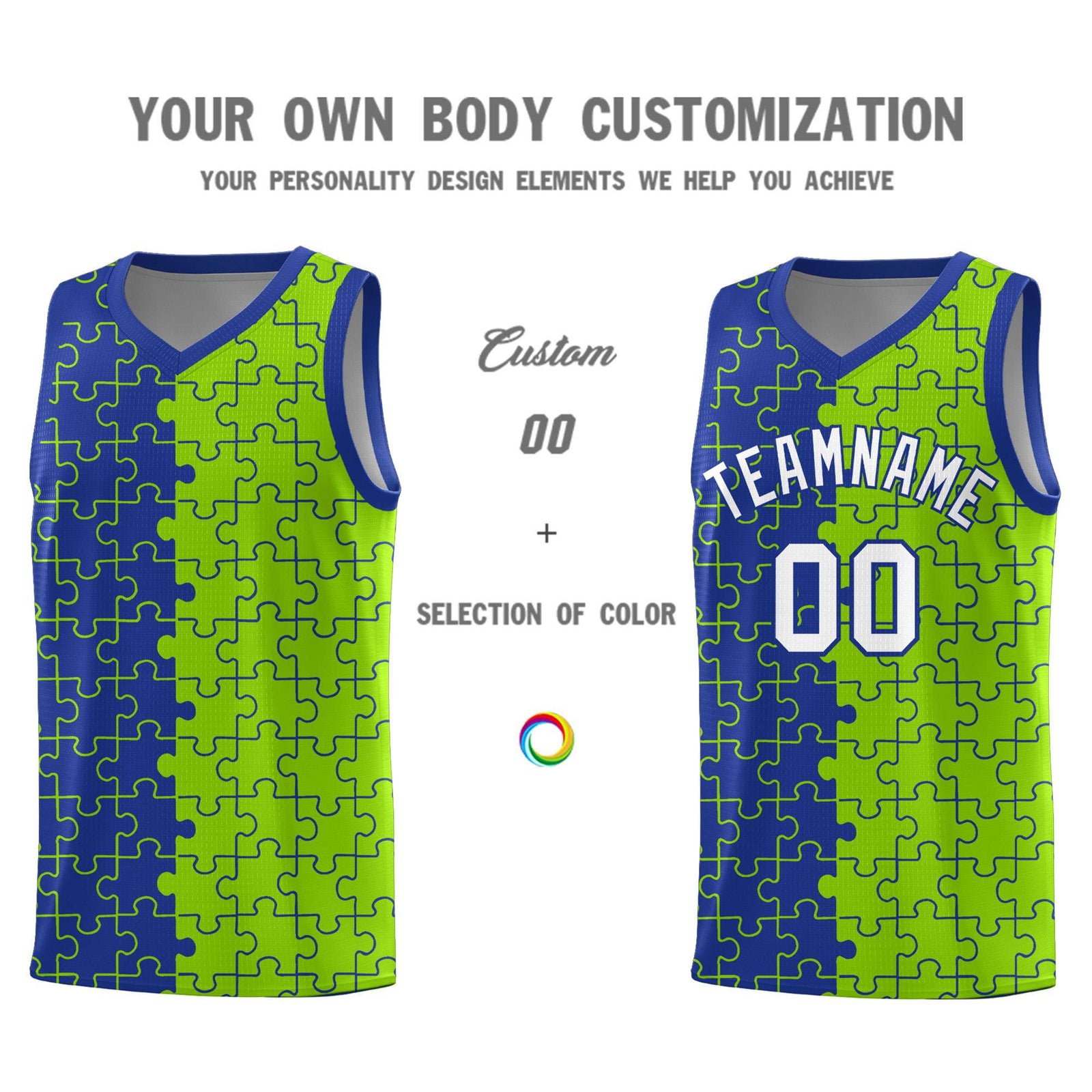 Custom Youth Basketball Jersey Royal Blue Neon Green Puzzle Pattern Moisture-Wicking Team Uniform