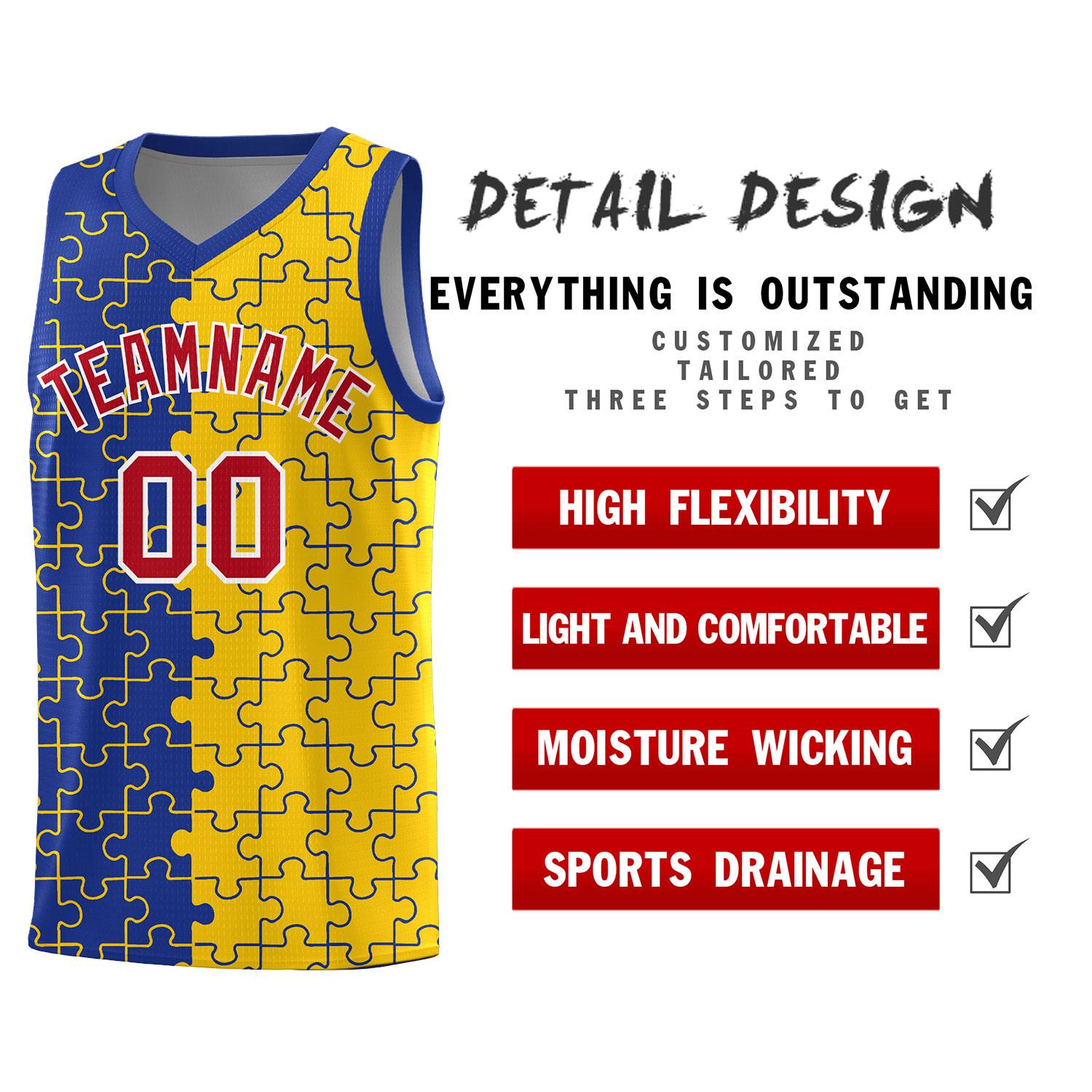 Custom Youth Basketball Jersey Royal Blue Gold Puzzle Pattern Add Name, Number & Team Logo