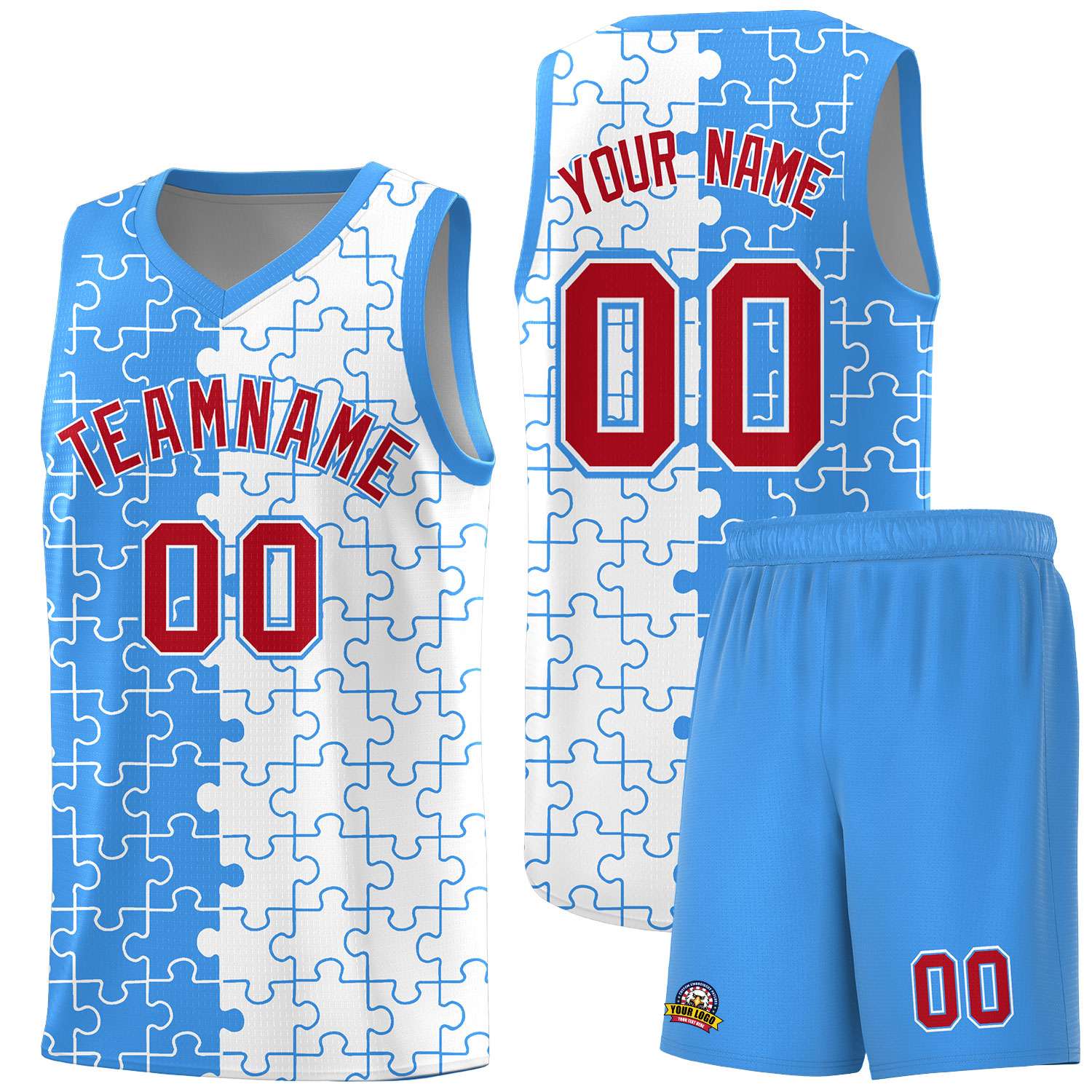 Custom Youth Basketball Jersey Light Blue White Puzzle Pattern Personalized Team Uniform