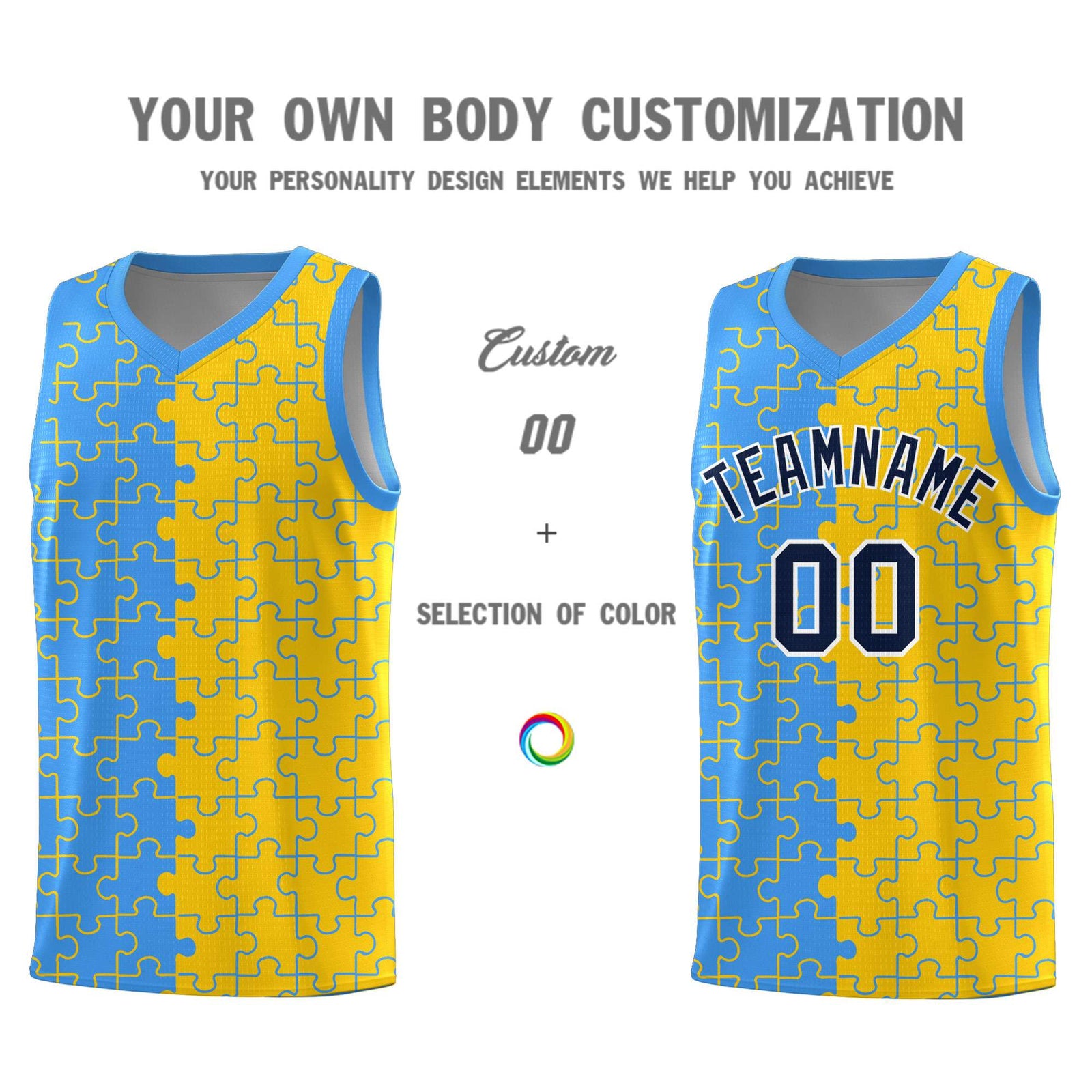 Custom Youth Basketball Jersey Light Blue Gold Puzzle Pattern Add Name, Number & Team Logo