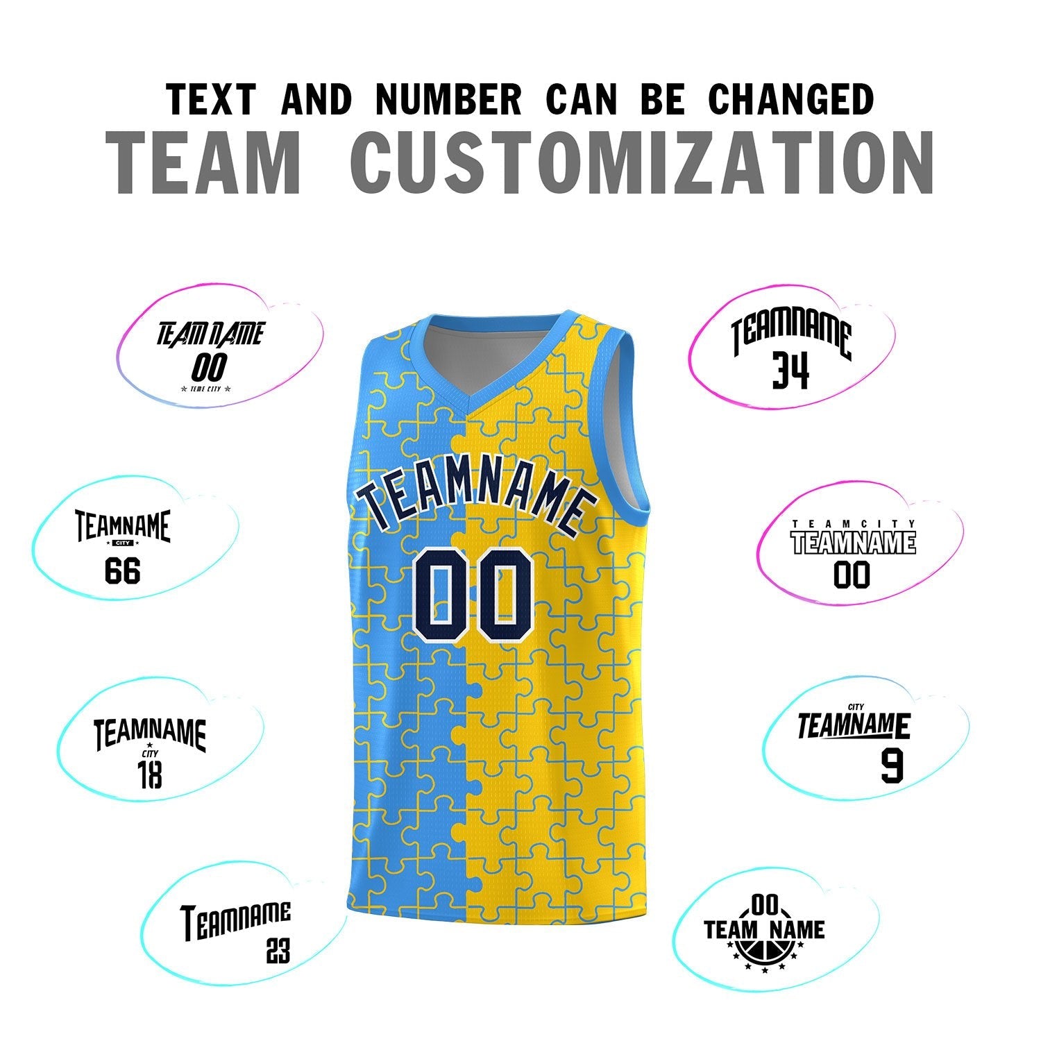 Custom Youth Basketball Jersey Light Blue Gold Puzzle Pattern Add Name, Number & Team Logo