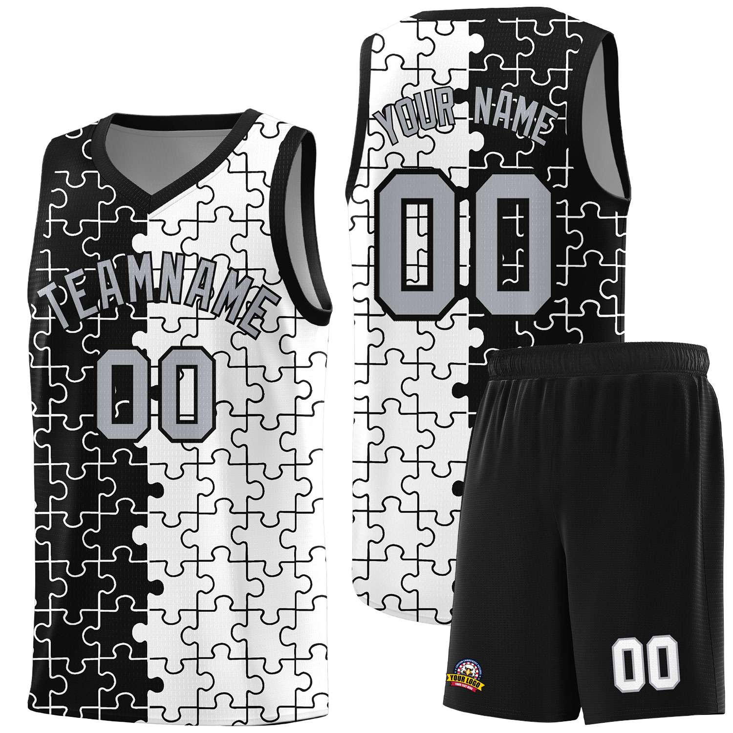 Custom Youth Basketball Jersey Black White Puzzle Pattern Breathable Team Uniform