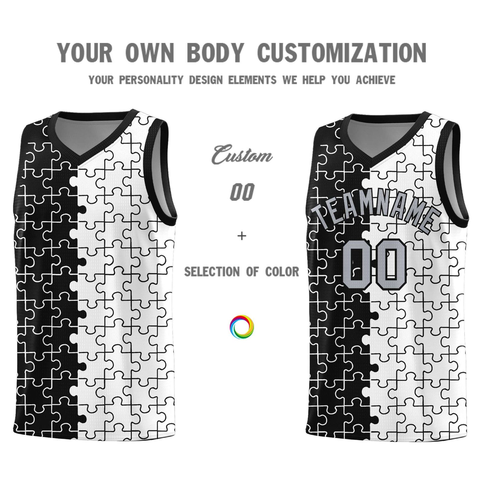 Custom Youth Basketball Jersey Black White Puzzle Pattern Breathable Team Uniform