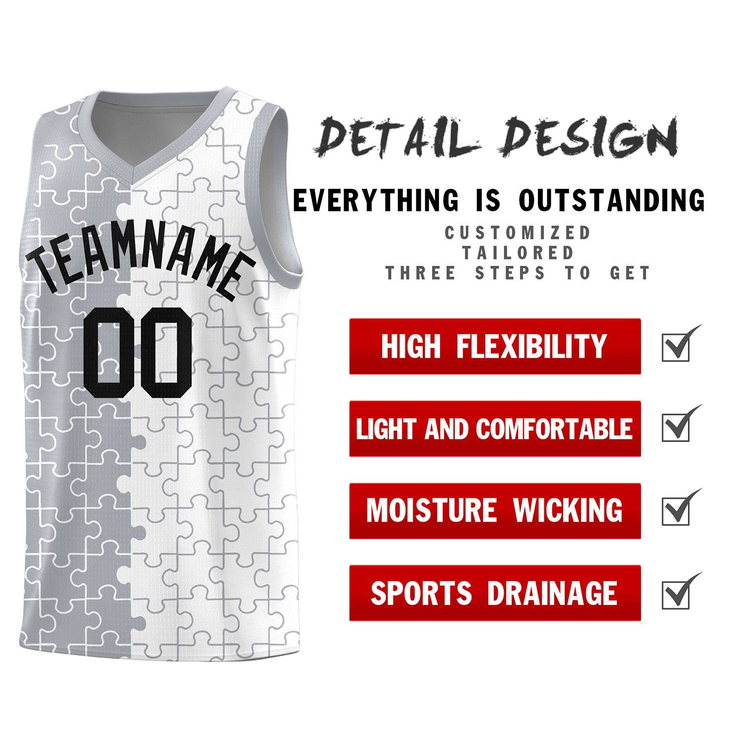 Custom Youth Basketball Jersey Gray White Puzzle Pattern Personalized Team Uniform