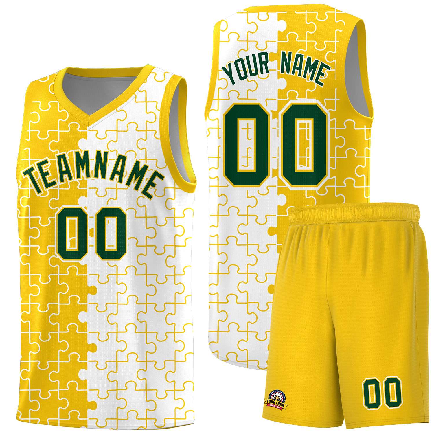 Custom Youth Basketball Jersey Gold White Puzzle Pattern Add Name, Number & Team Logo