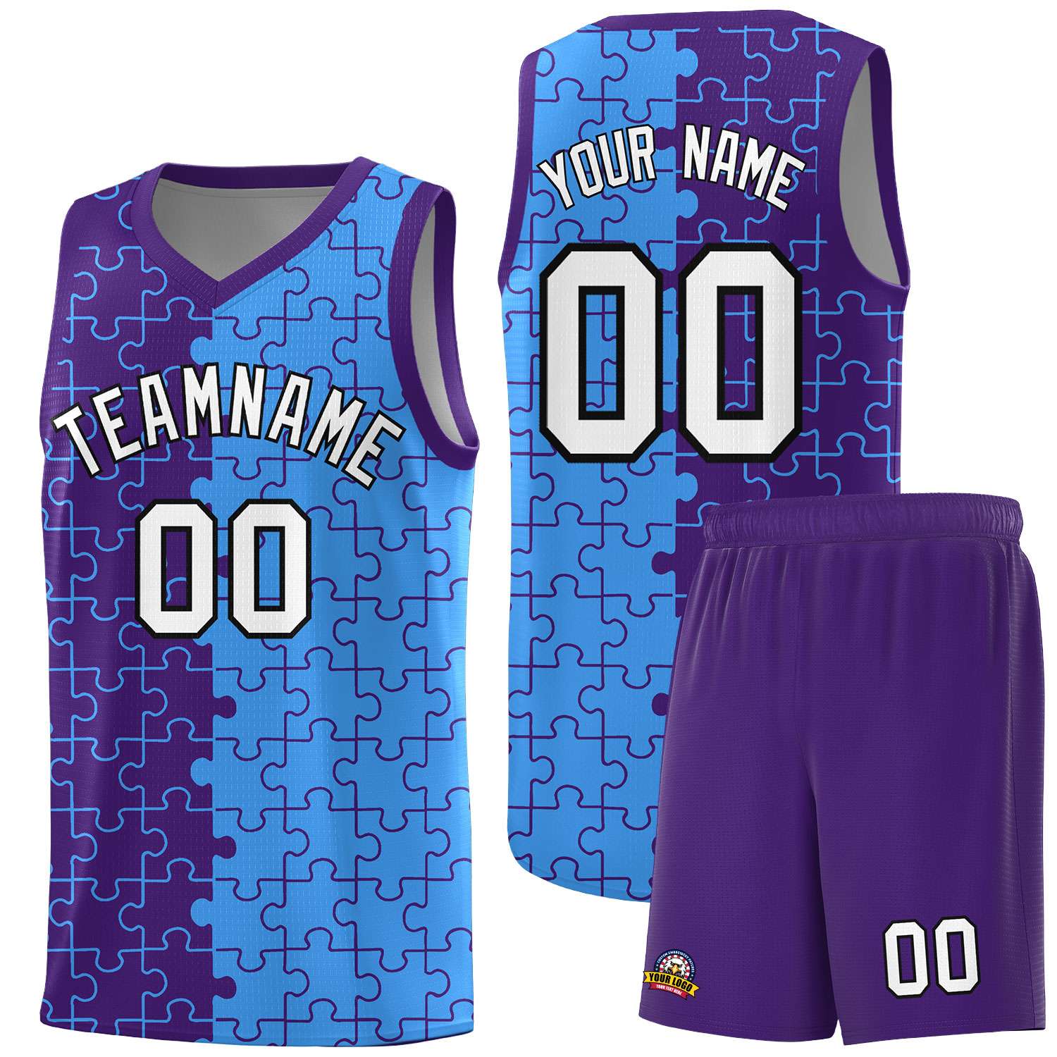 Custom Youth Basketball Jersey Purple Light Blue Puzzle Pattern Breathable Team Uniform