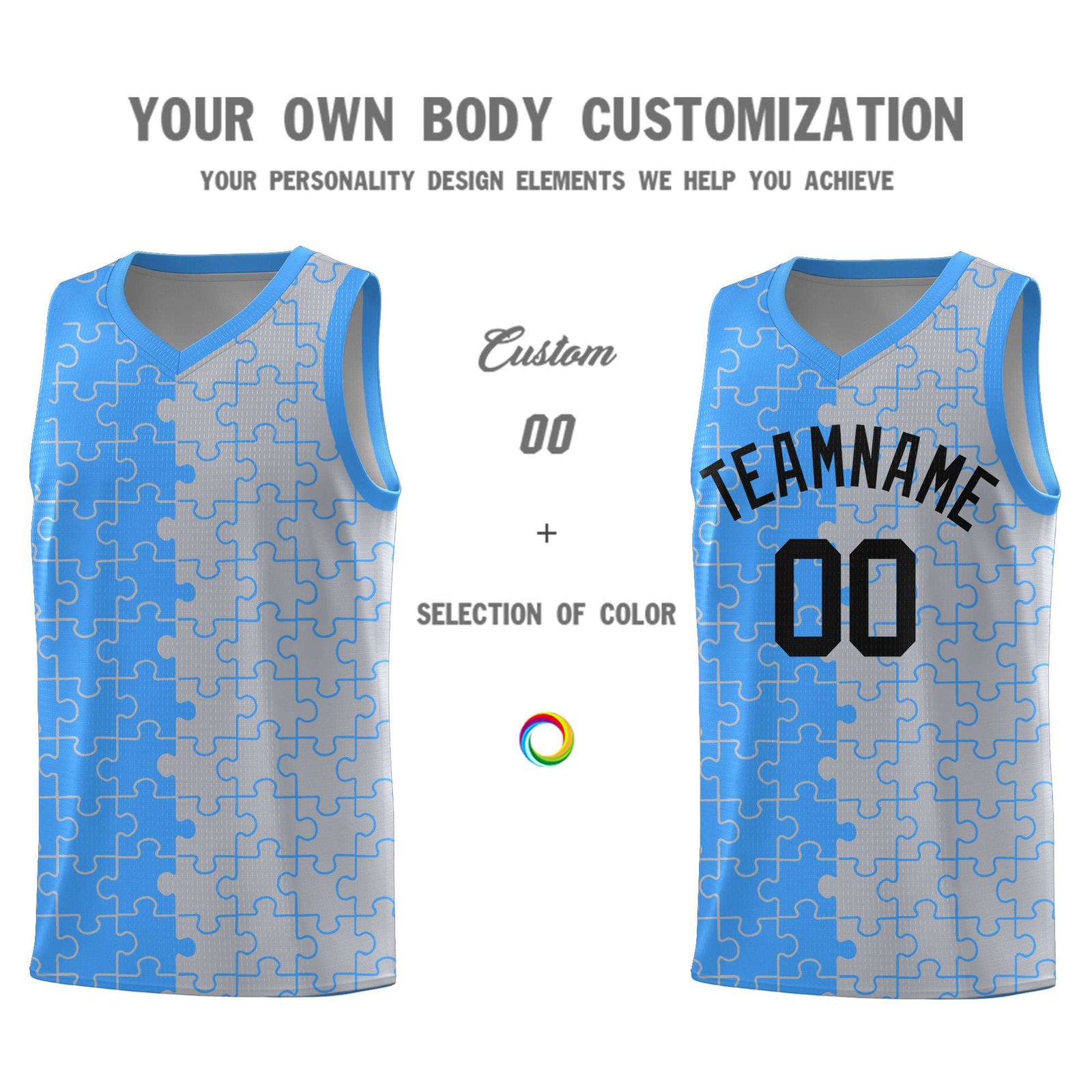 Custom Youth Basketball Jersey Light Blue Gray Puzzle Pattern Add Name, Number & Team Logo