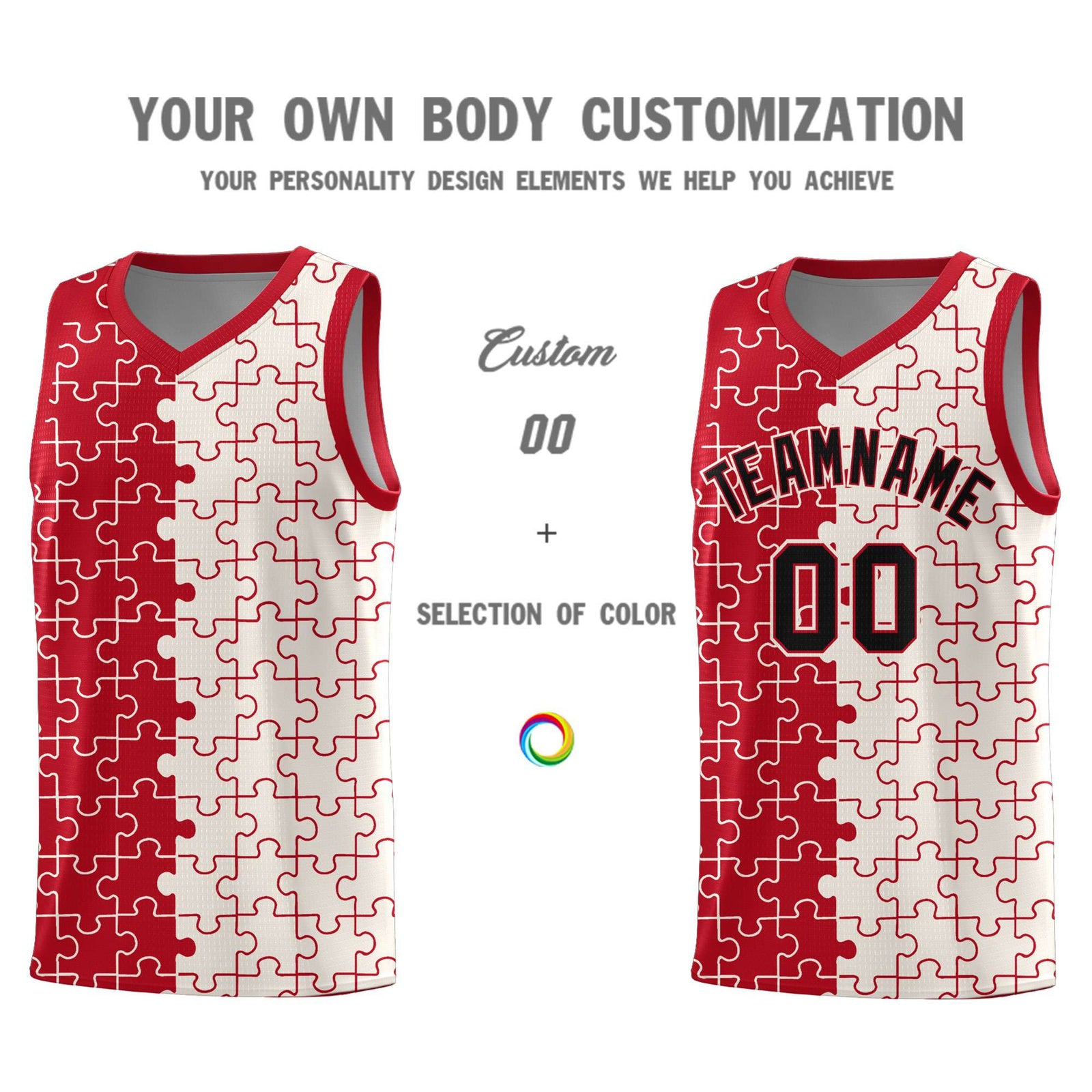 Custom Youth Basketball Jersey Red Cream Puzzle Pattern Moisture-Wicking Team Uniform