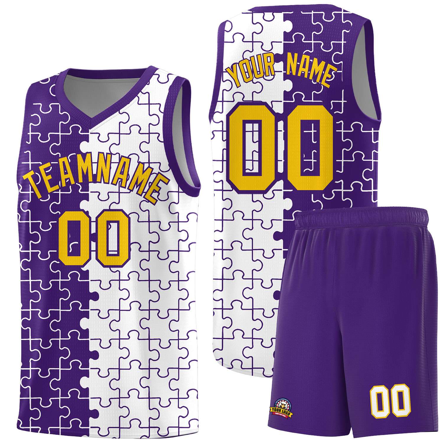 Custom Youth Basketball Jersey Purple White Puzzle Pattern Add Name, Number & Team Logo
